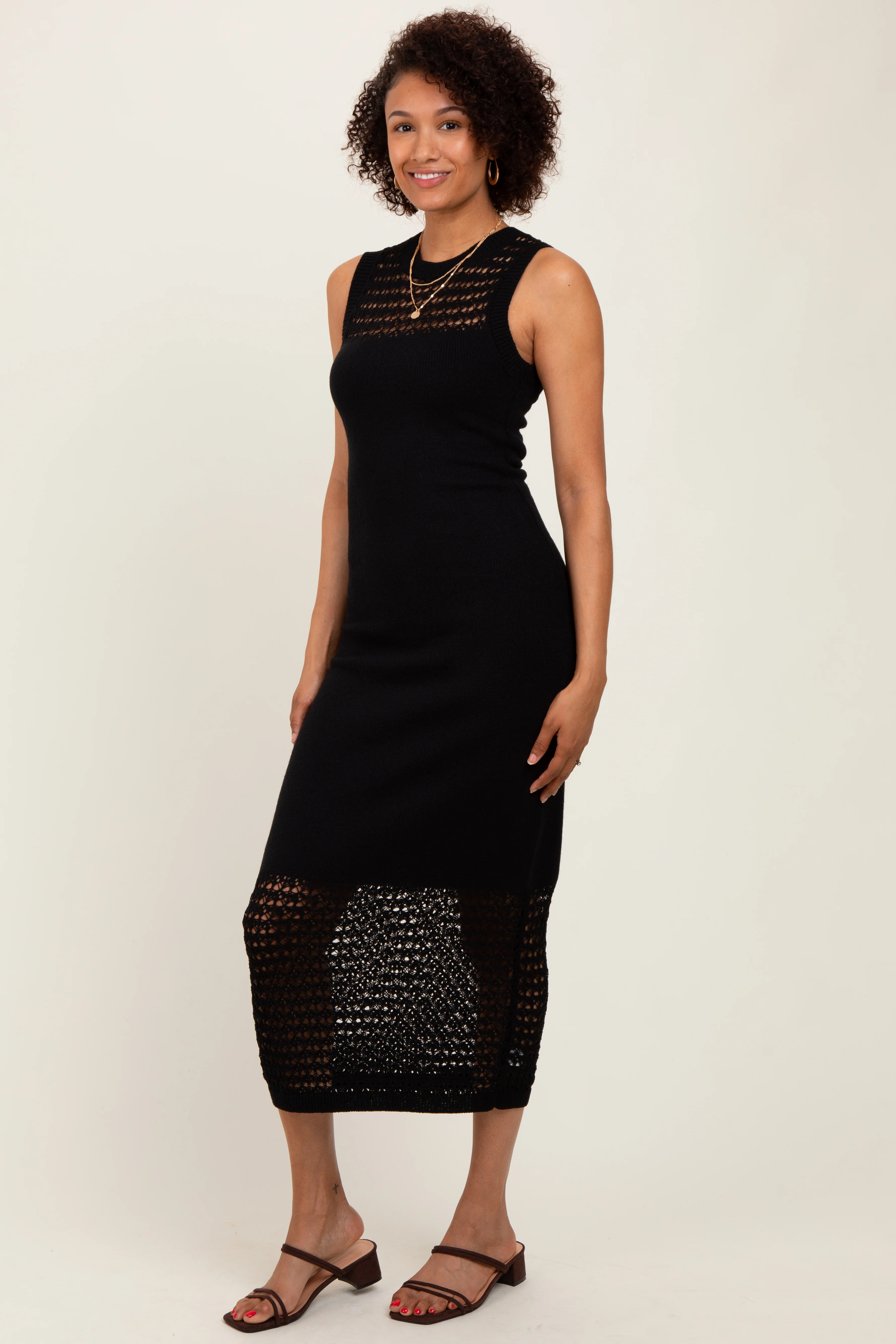 Black Crochet Knit Sleeveless Maxi Dress - Image 3