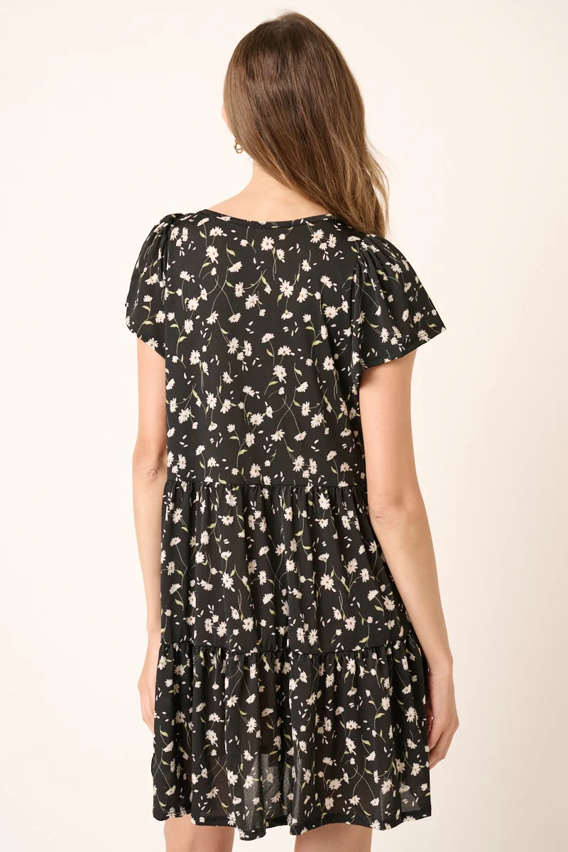 Black Daisy Flower Print Ruffle Detail Mini Dress - Image 3