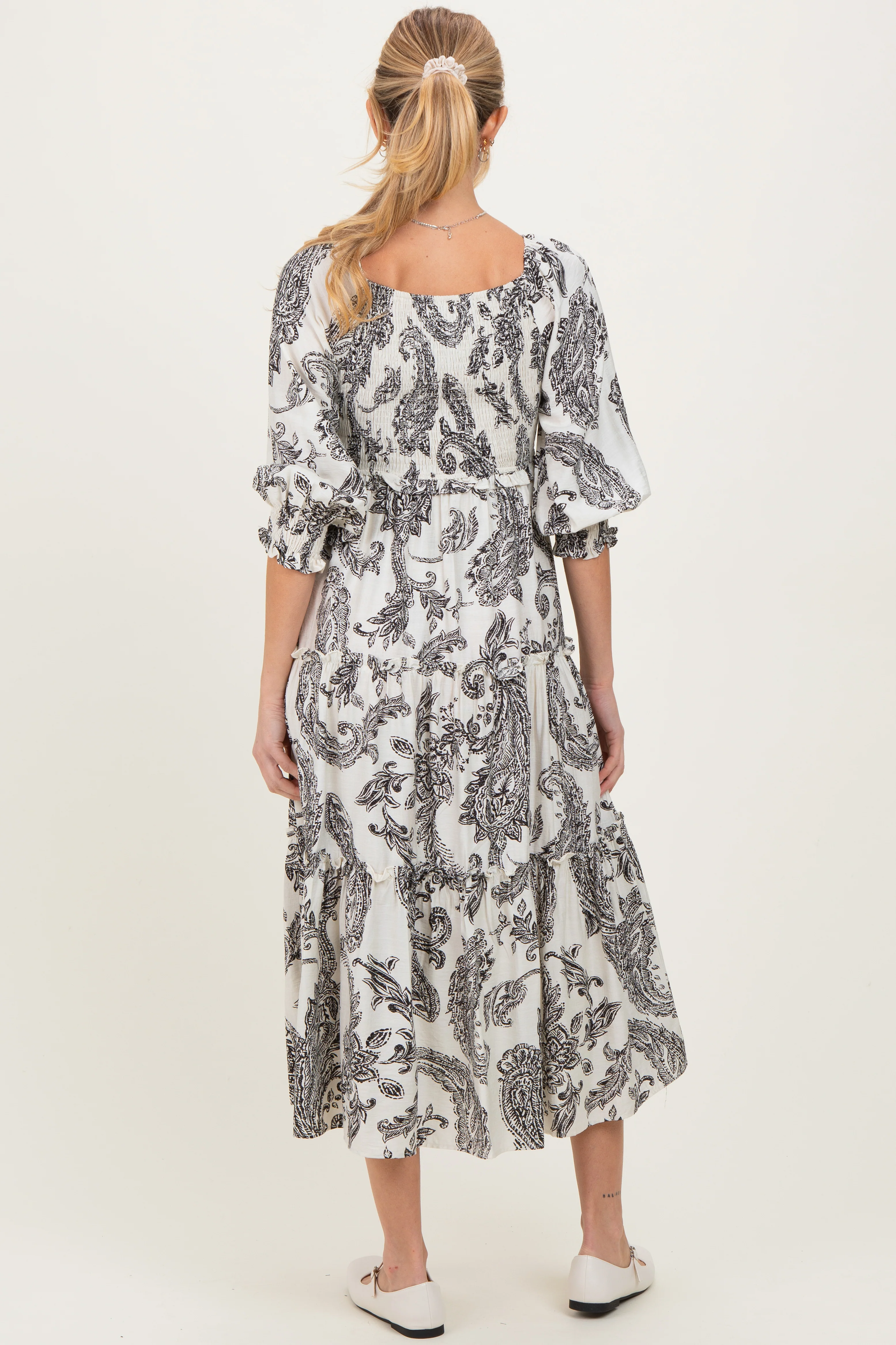 Black Damask Smocked Ruffle Tier Maternity Midi Dresses - Image 4
