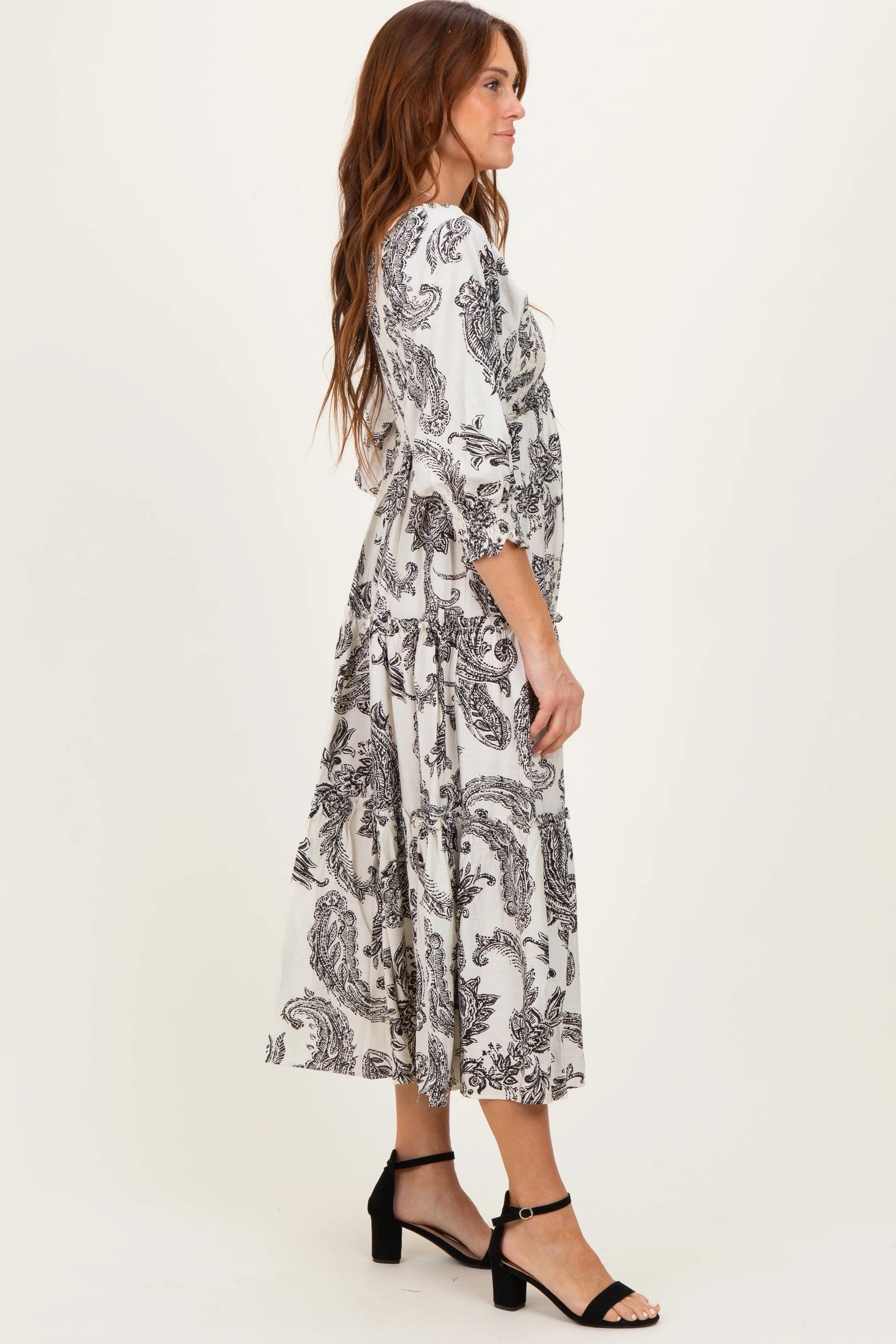 Black Damask Smocked Ruffle Tier Midi Dresses - Image 3