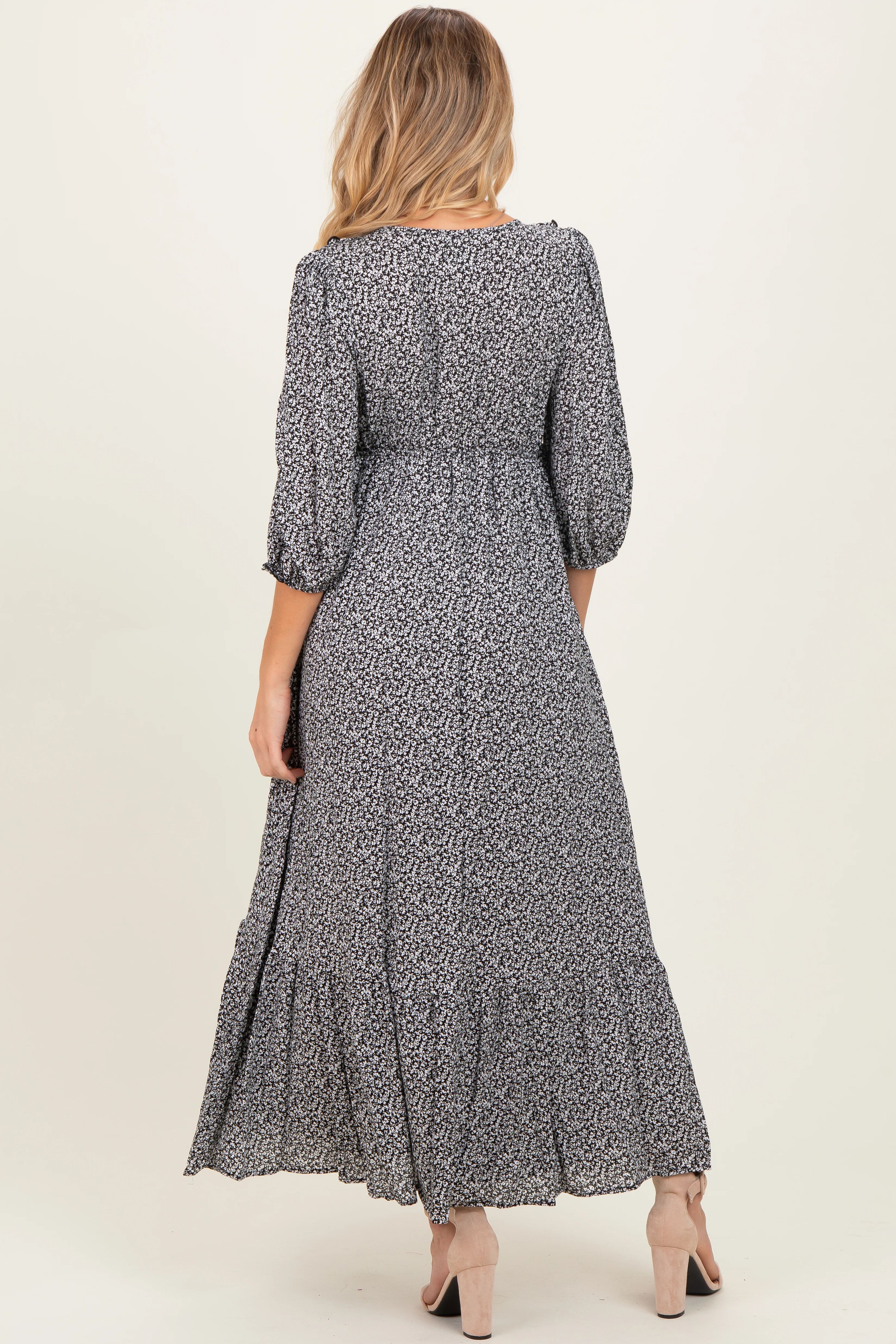 Black Ditzy Floral Long Sleeve Ruffle V-Neck Tiered Maternity Maxi Dress - Image 4