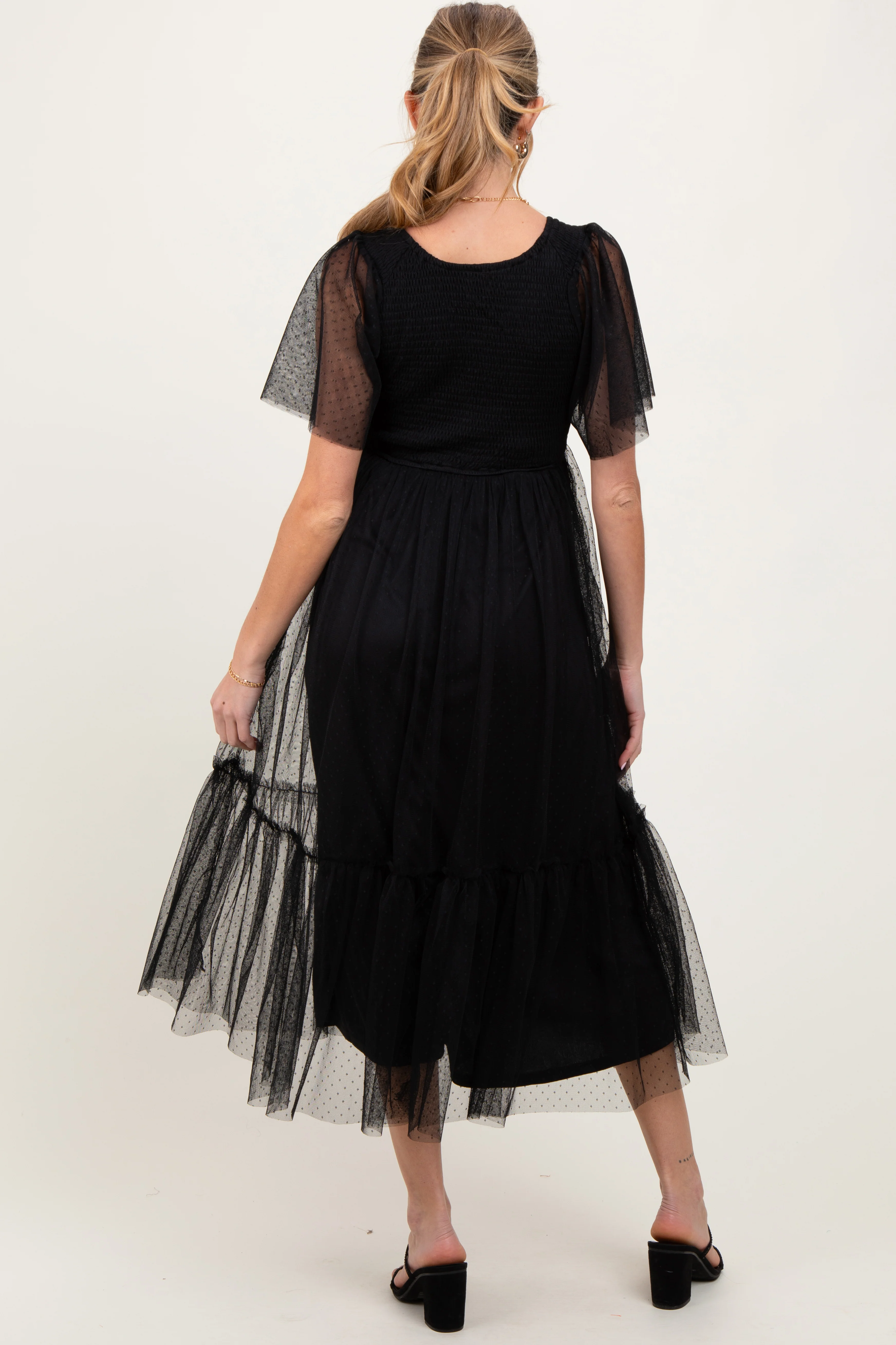 Black Dotted Tulle Smocked Maternity Midi Dress - Image 4