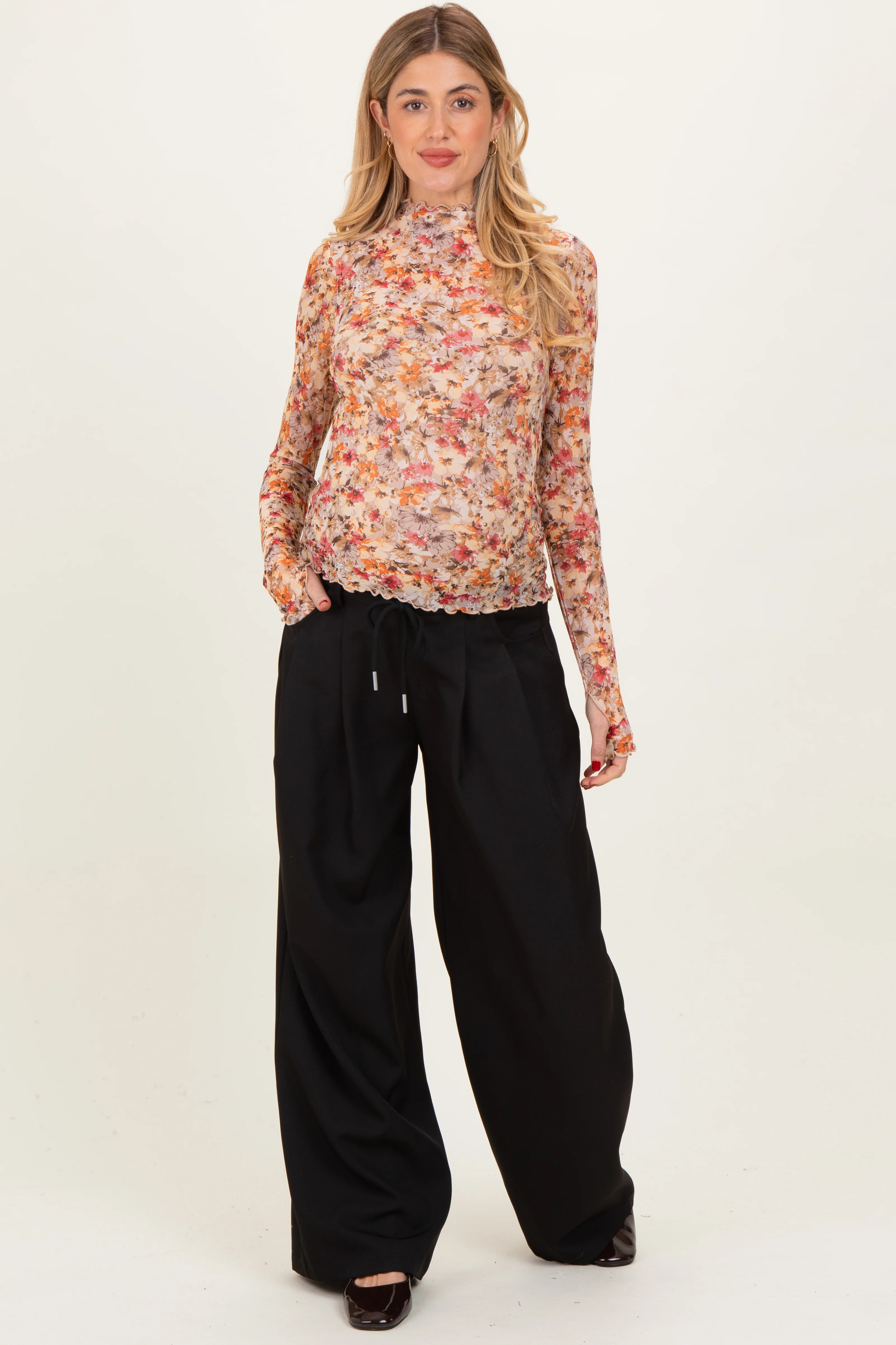 Black Drawstring Pleated Maternity Wide Leg Trousers - Image 2