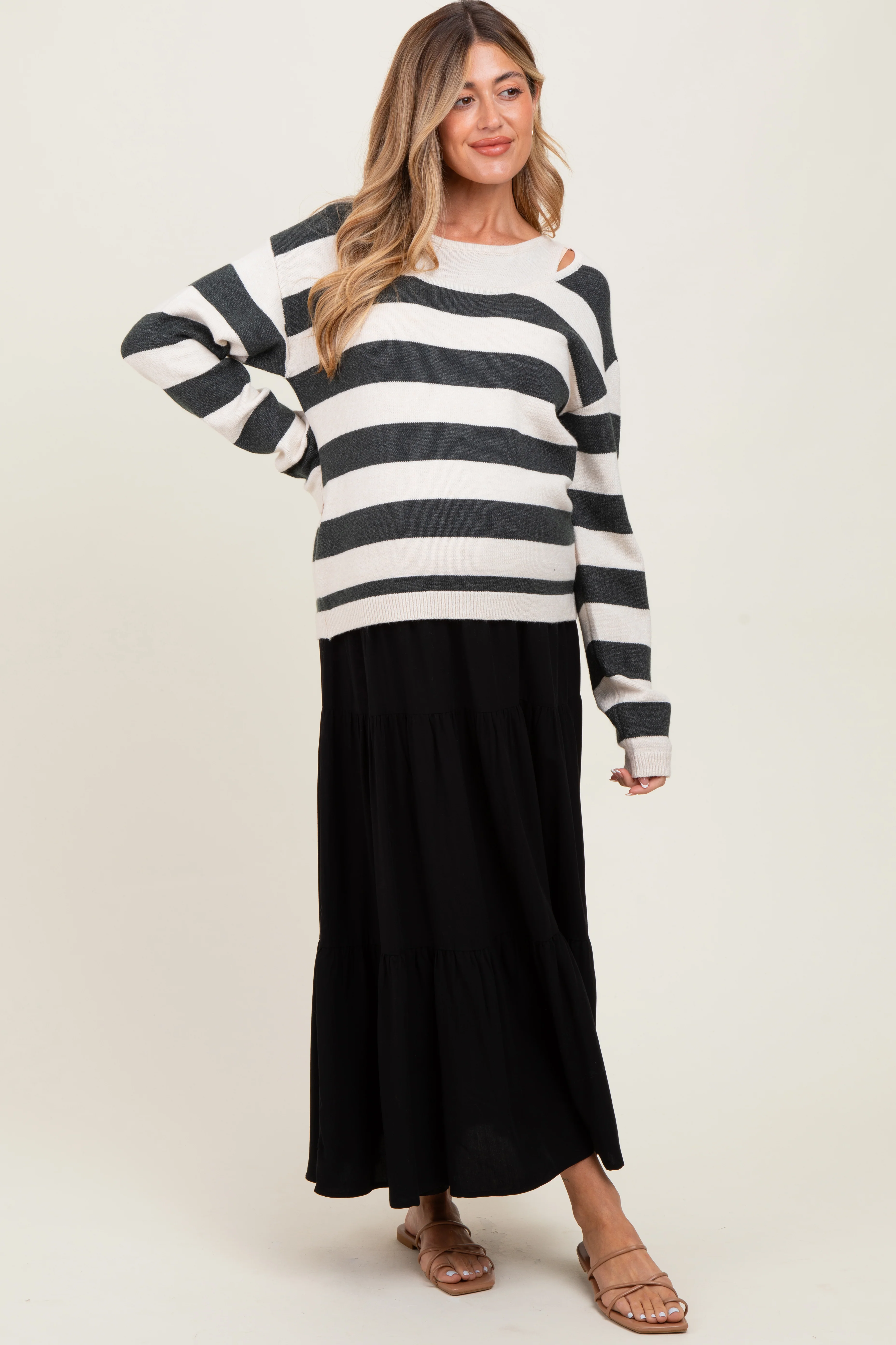 Black Drawstring Tiered Maternity Maxi Skirt - Image 2