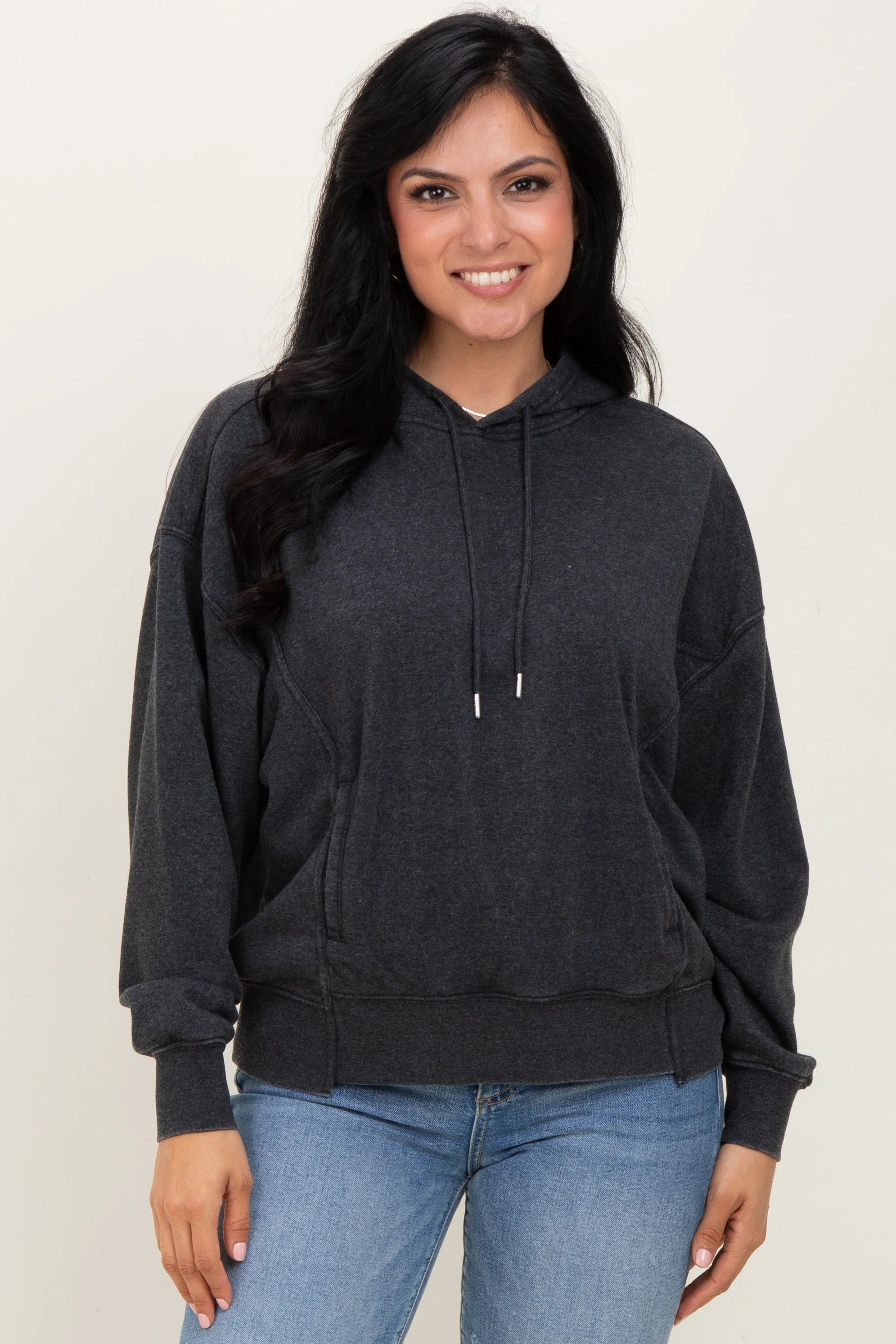 Black Drop Shoulder Long Sleeve Oversized Maternity Hoodie - Image 4