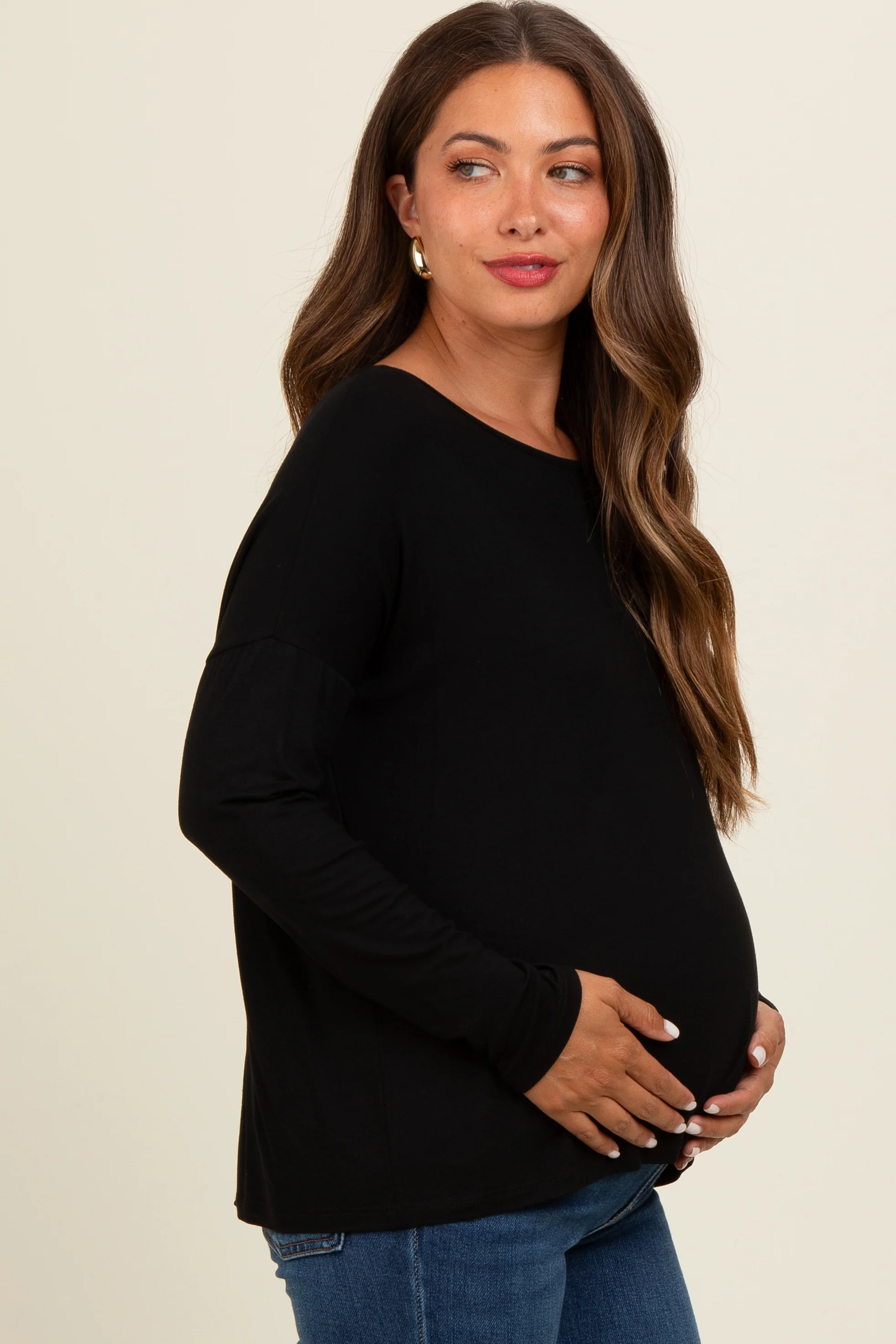 Black Drop Shoulder Maternity Long Sleeve Top - Image 2