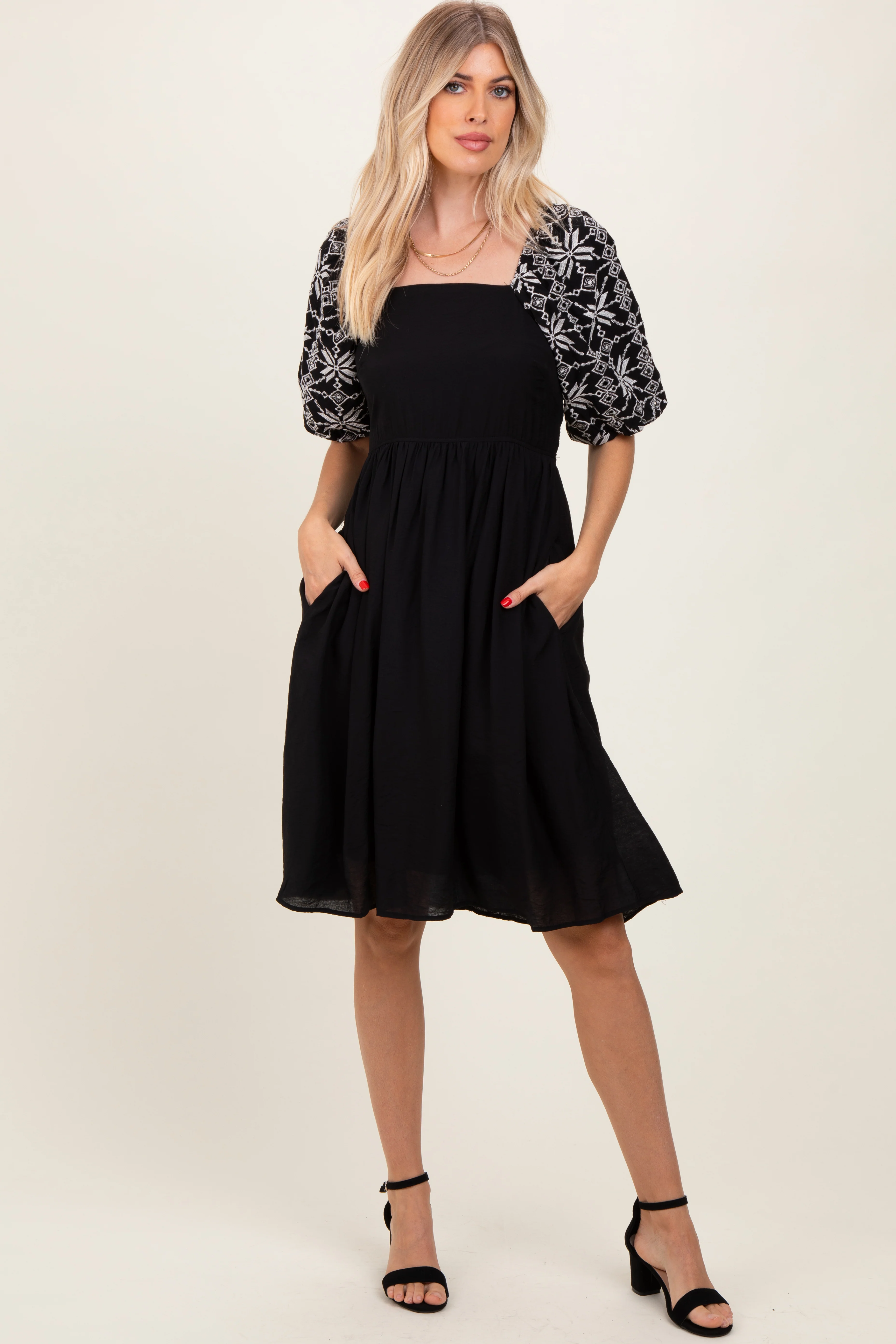 Black Embroidered Puff Short Sleeve Square Neck Maternity Dress - Image 4