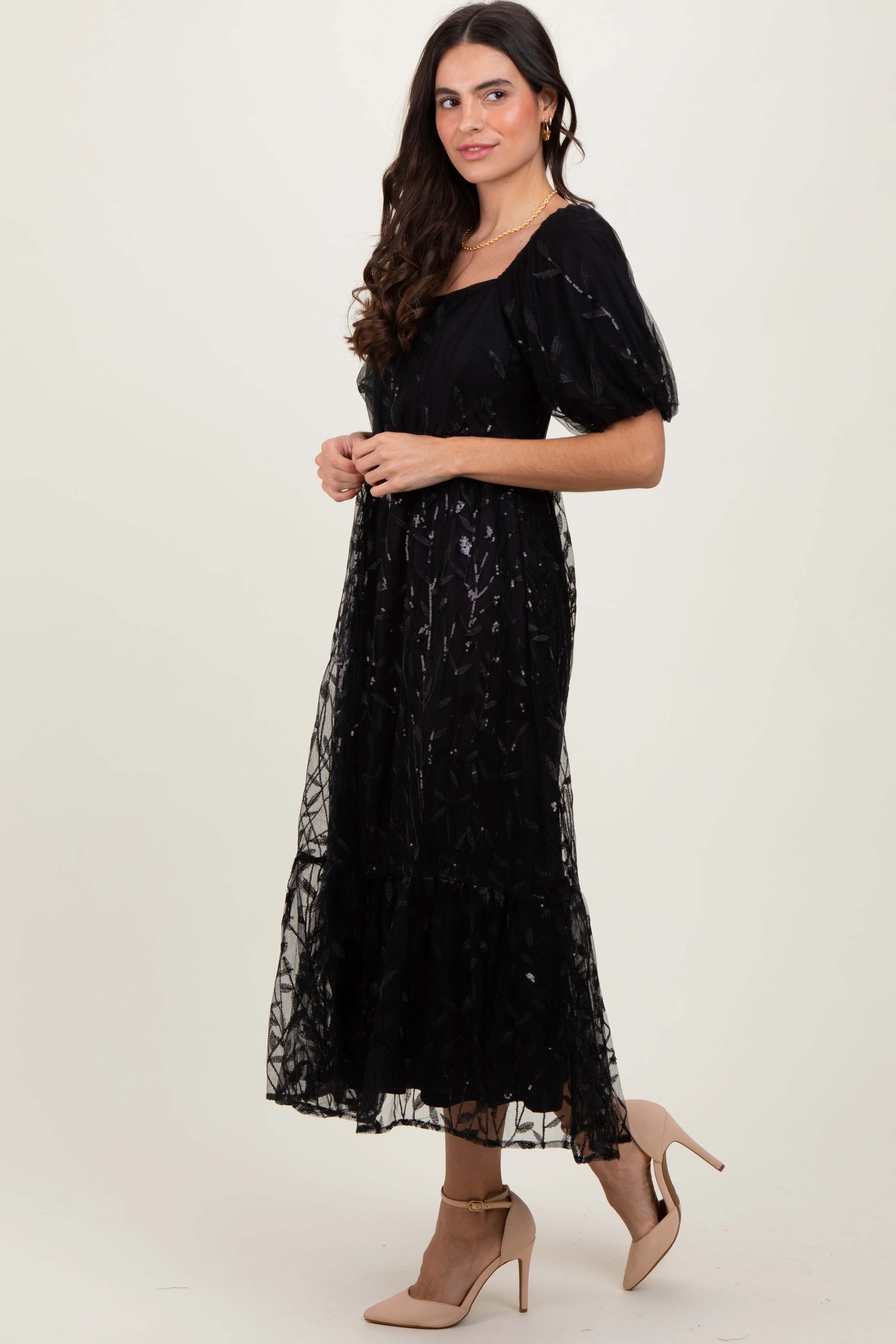 Black Embroidered Sequin Detail Mesh Overlay Maternity Maxi Dress - Image 4