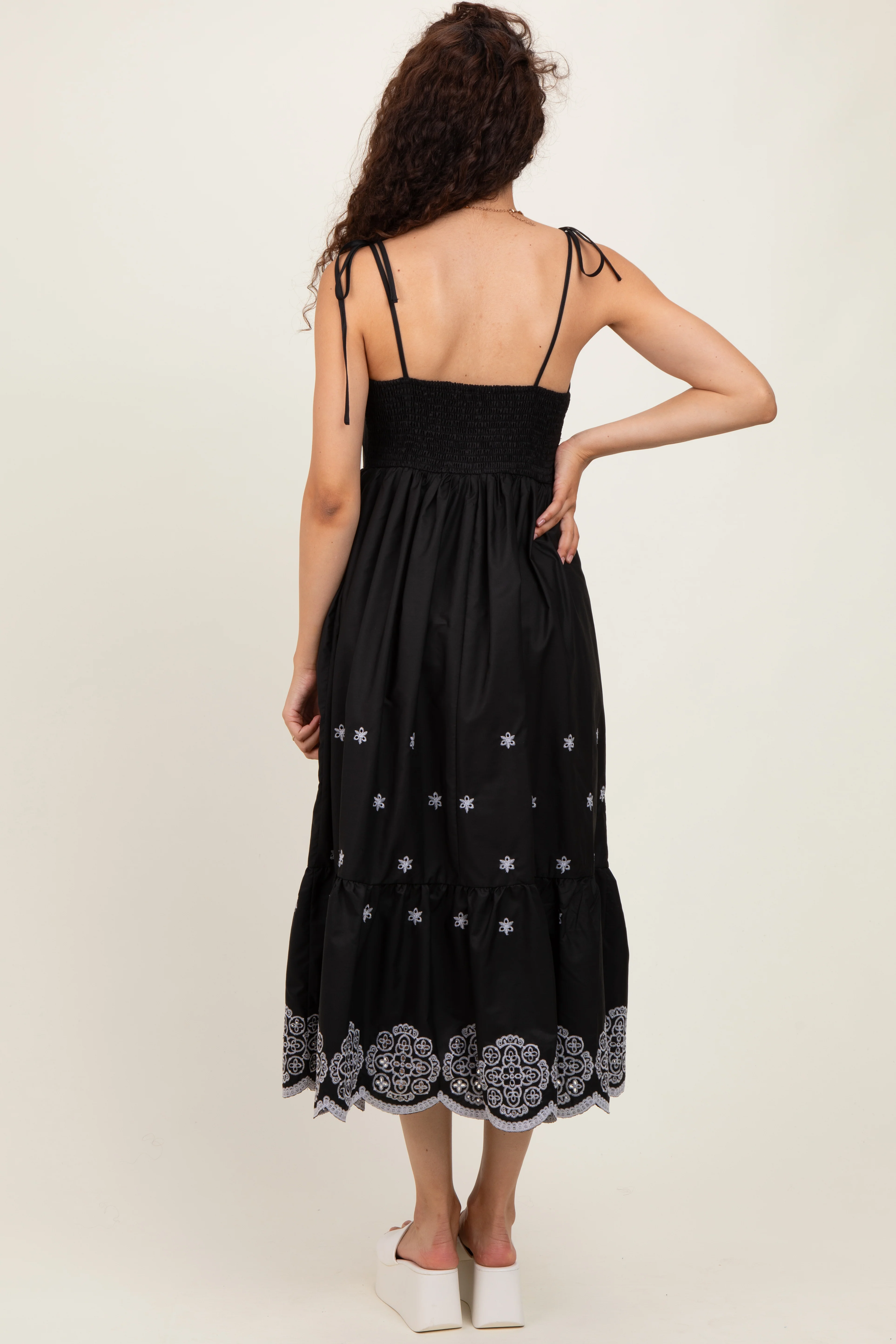 Black Embroidered Shoulder Tie Midi Dress - Image 4