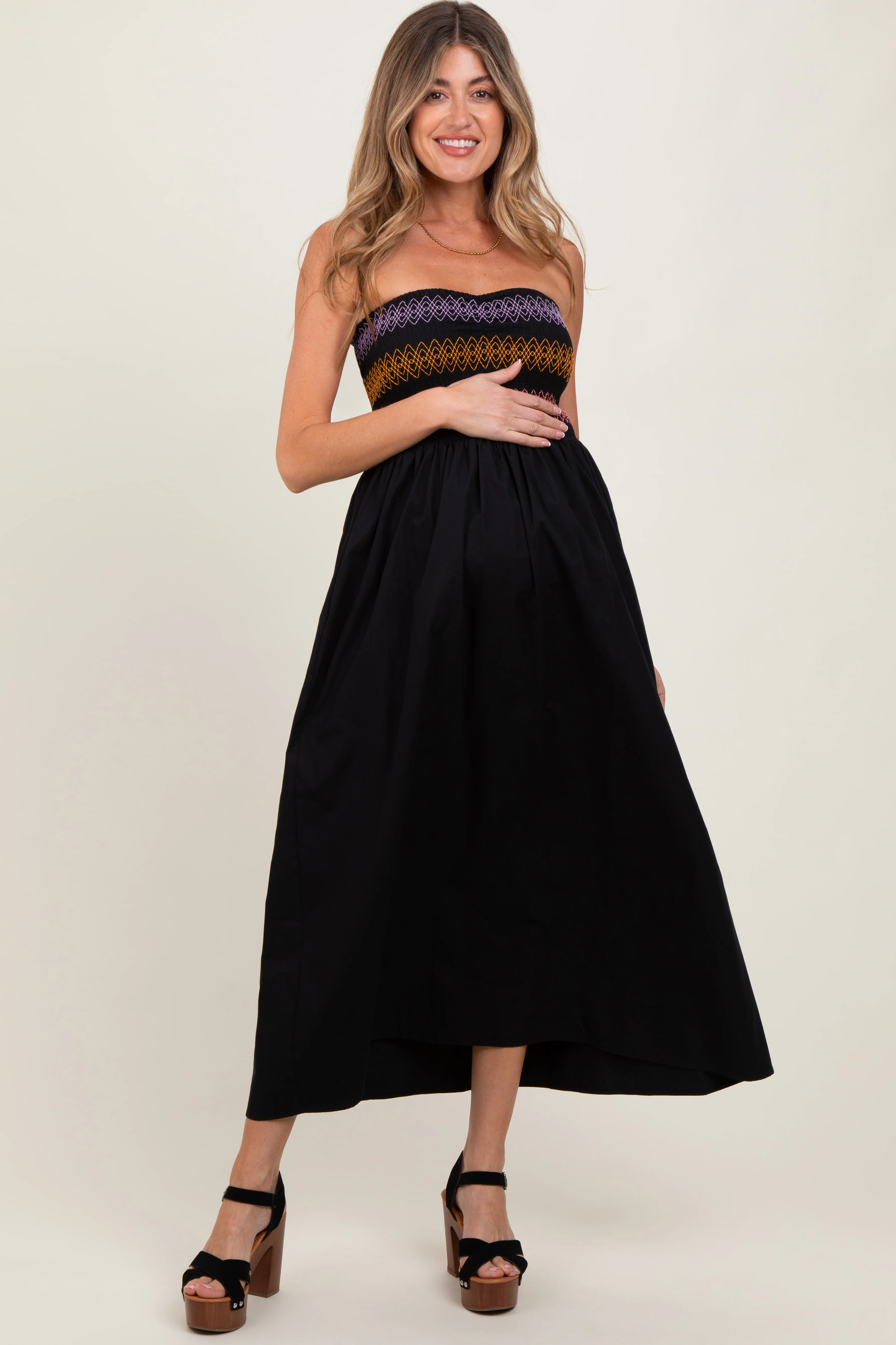 Black Embroidered Strapless Smocked Bodice Flared Maternity Midi Dress - Image 2