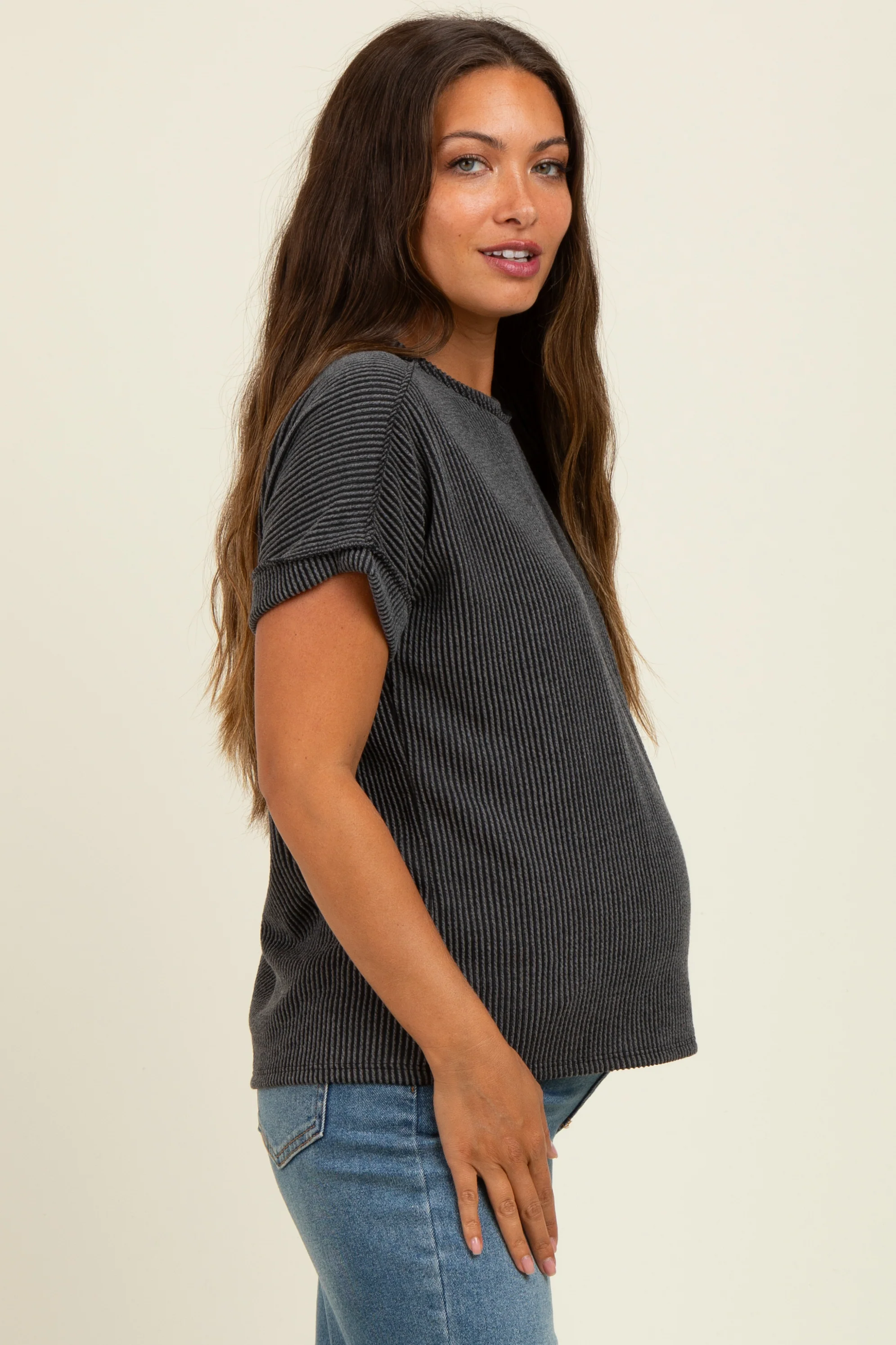 Black Exposed Seam Short Sleeve Maternity Top - Image 3