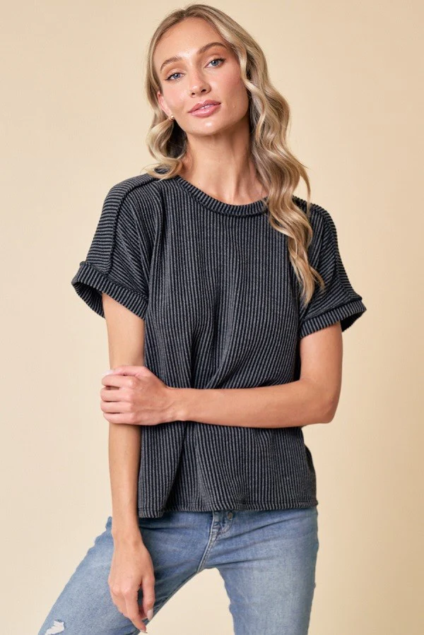 Black Exposed Seam Short Sleeve Maternity Top - Image 5