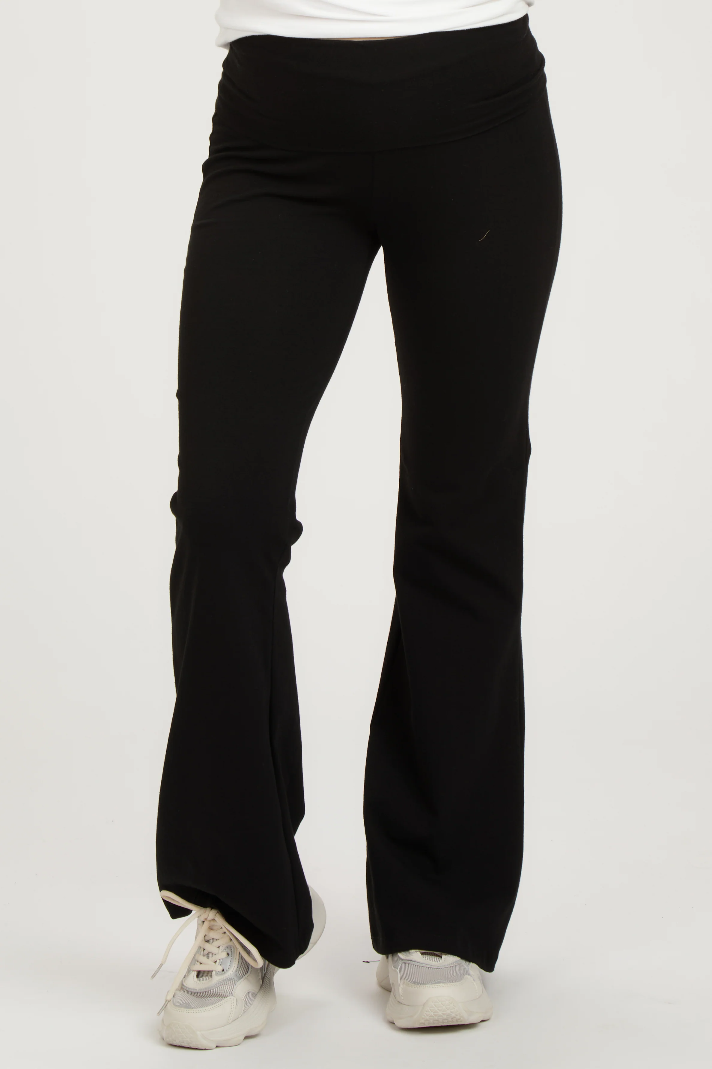 Black Flare Leg Fold Over Maternity Leggings - Image 2