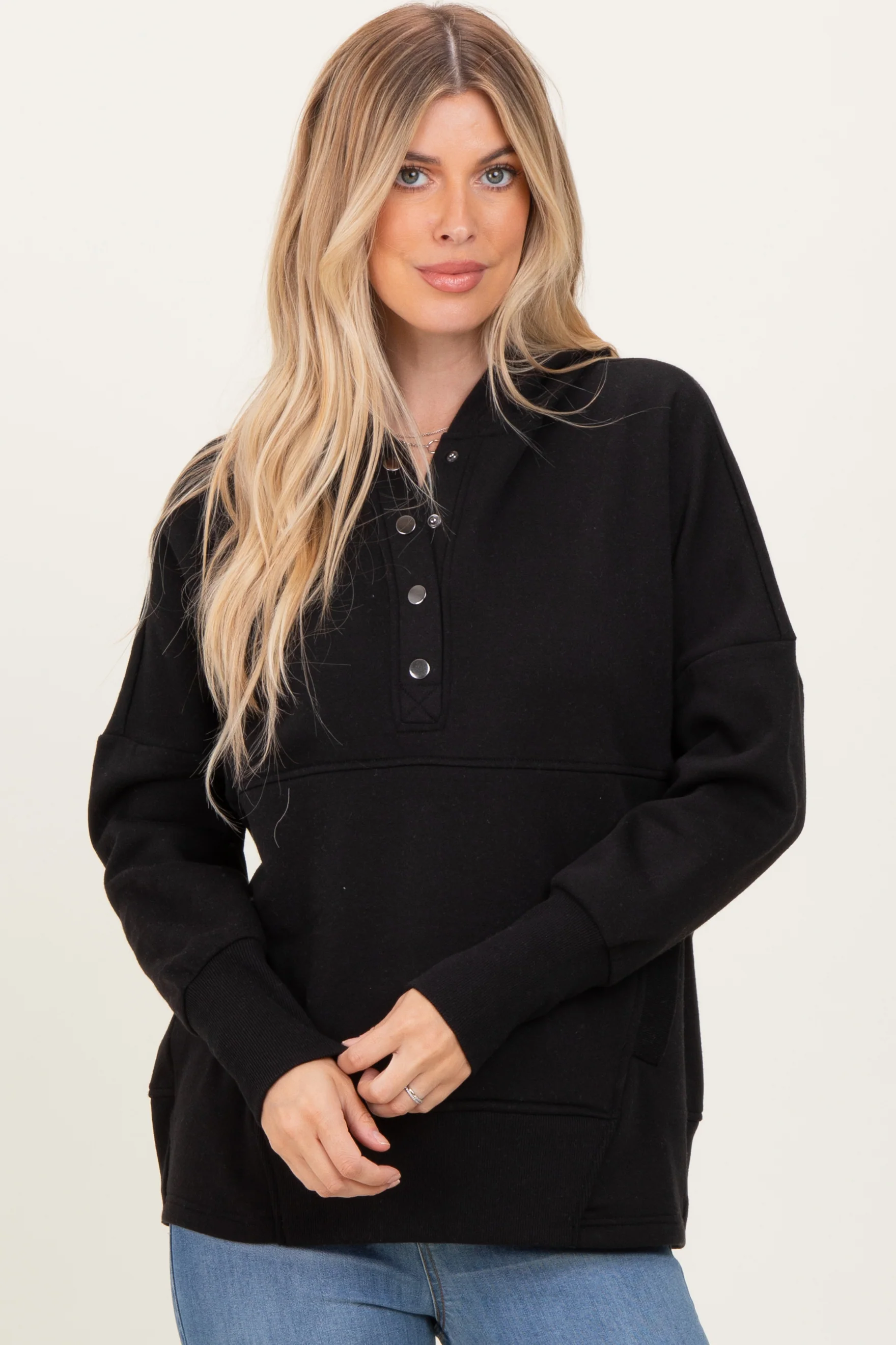 Black Fleece Snap Button Maternity Hoodie - Image 5