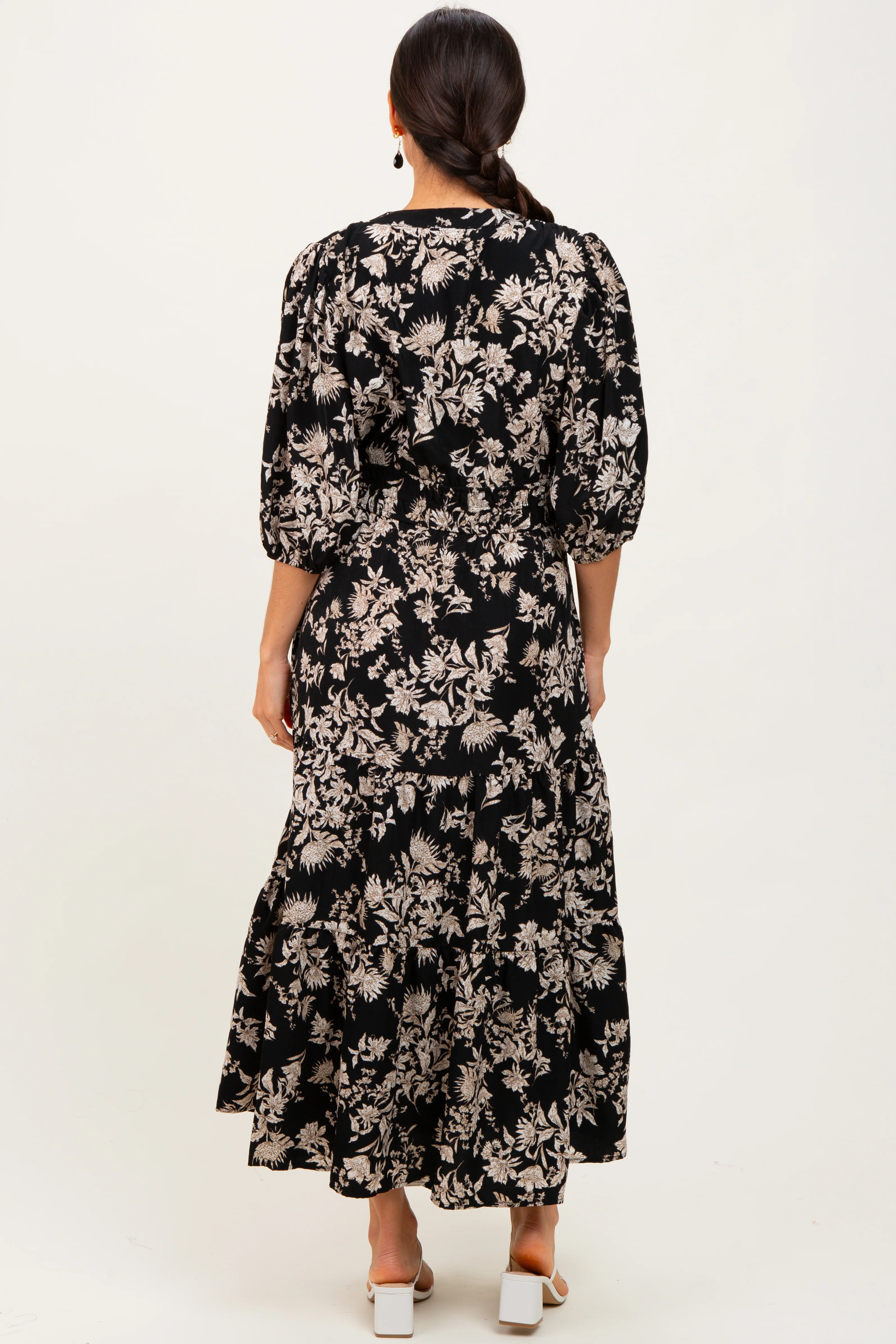 Black Floral 3/4 Sleeve Smocked Waist Midi Dress - Image 4