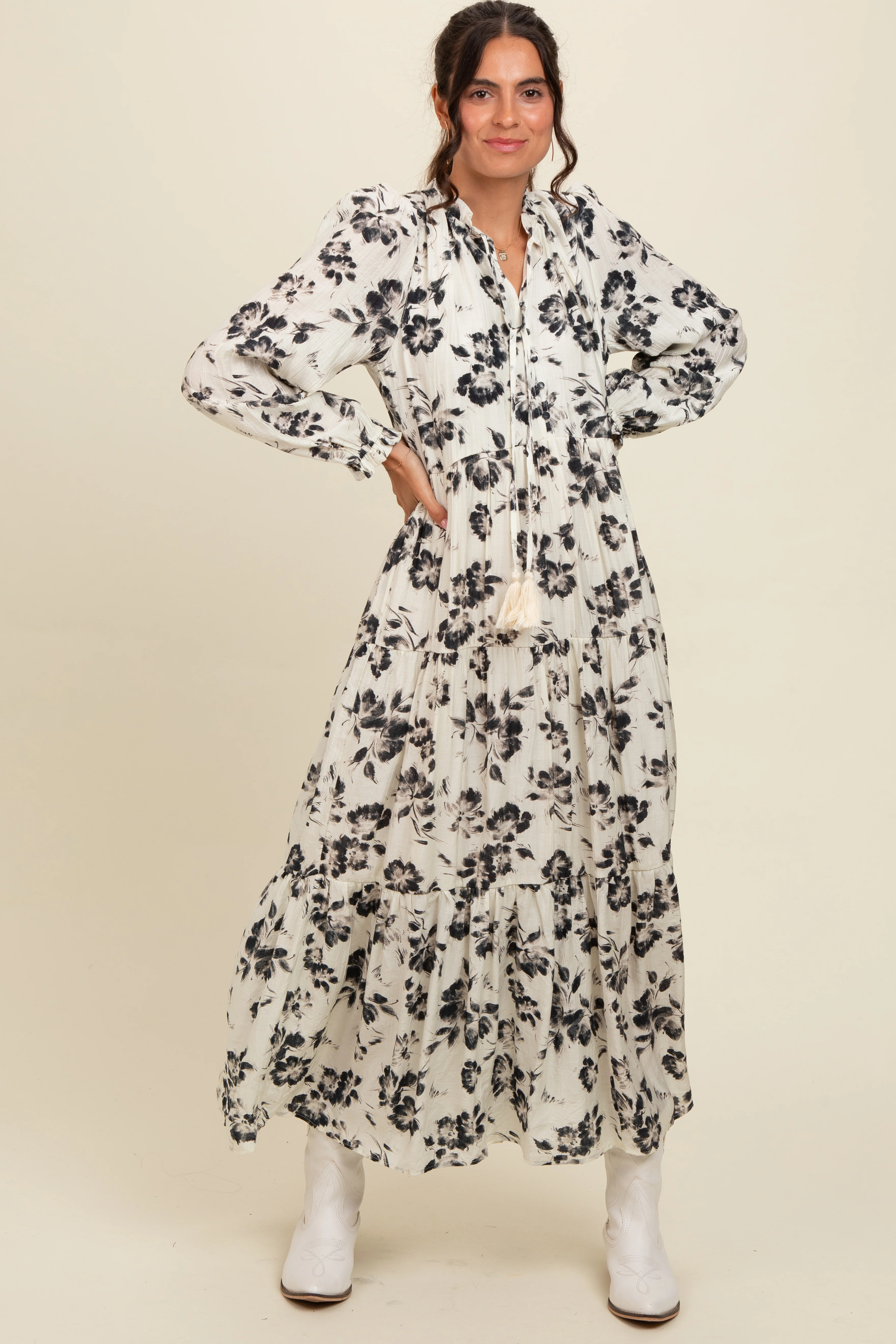 Black Floral Button Front Tiered Long Sleeve Maternity Maxi Dress - Image 5