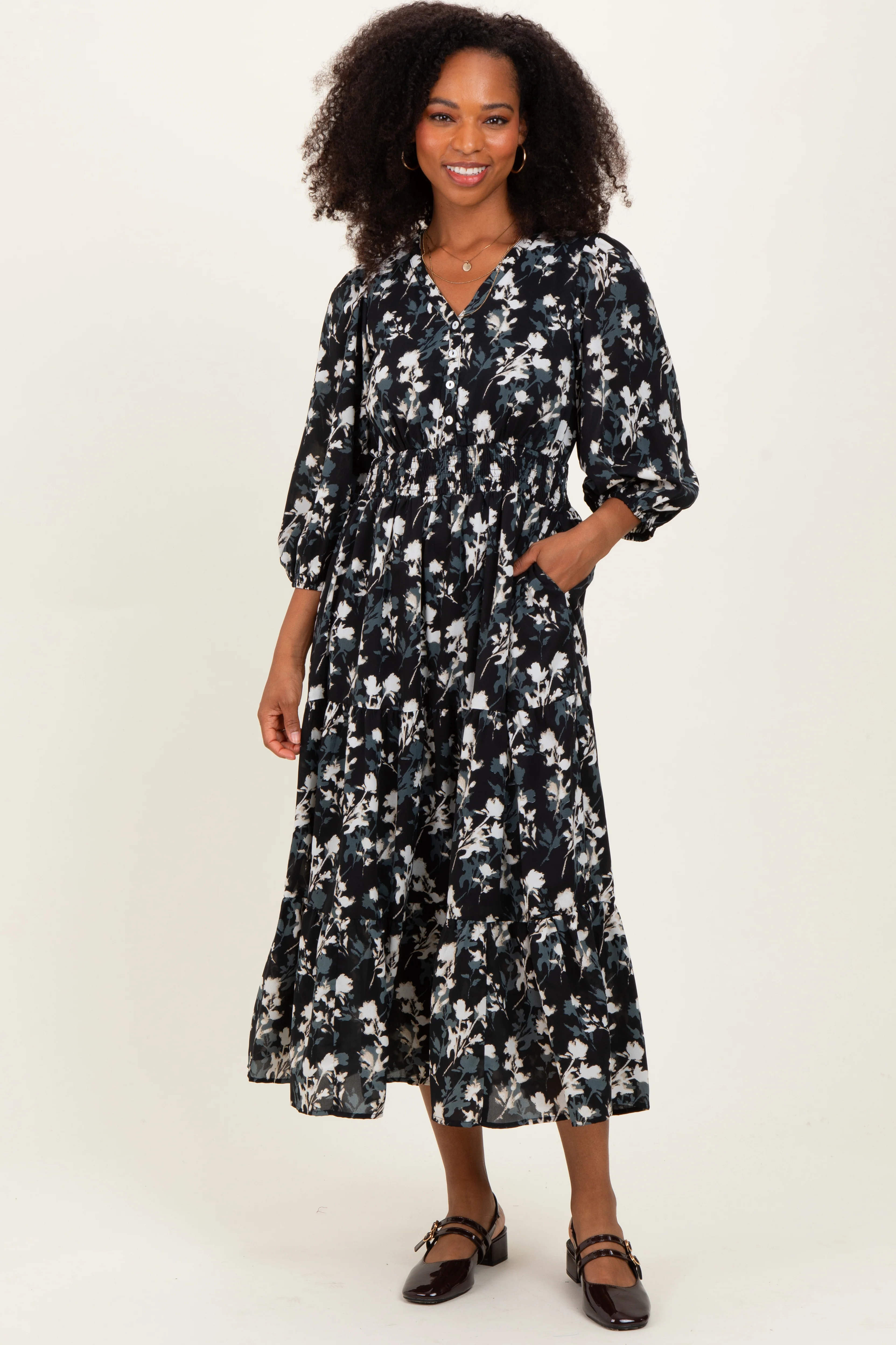 Black Floral Button Front V-Neck Maternity Midi Dress - Image 3