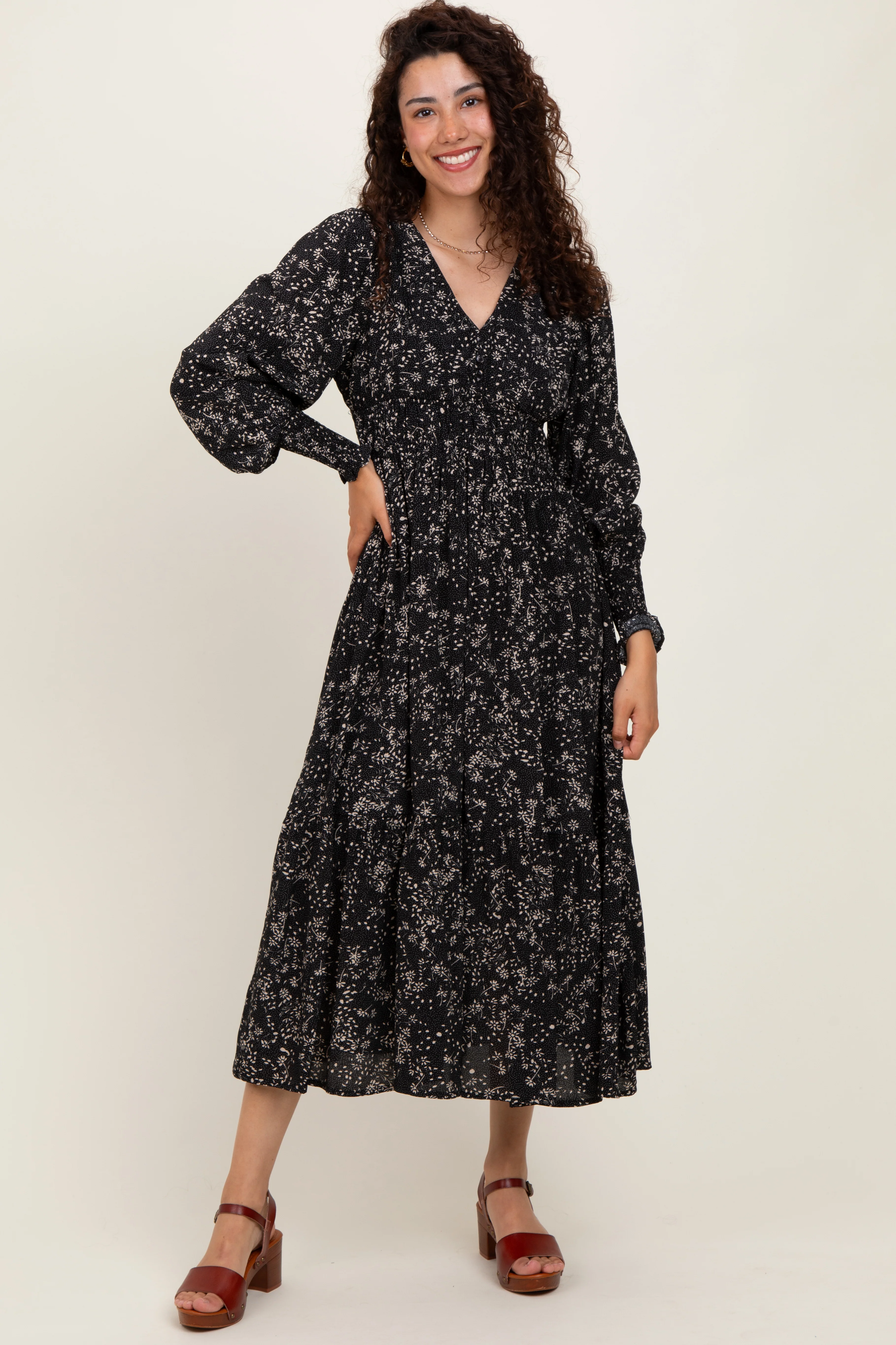 Black Floral Button Maternity Maxi Dress - Image 4