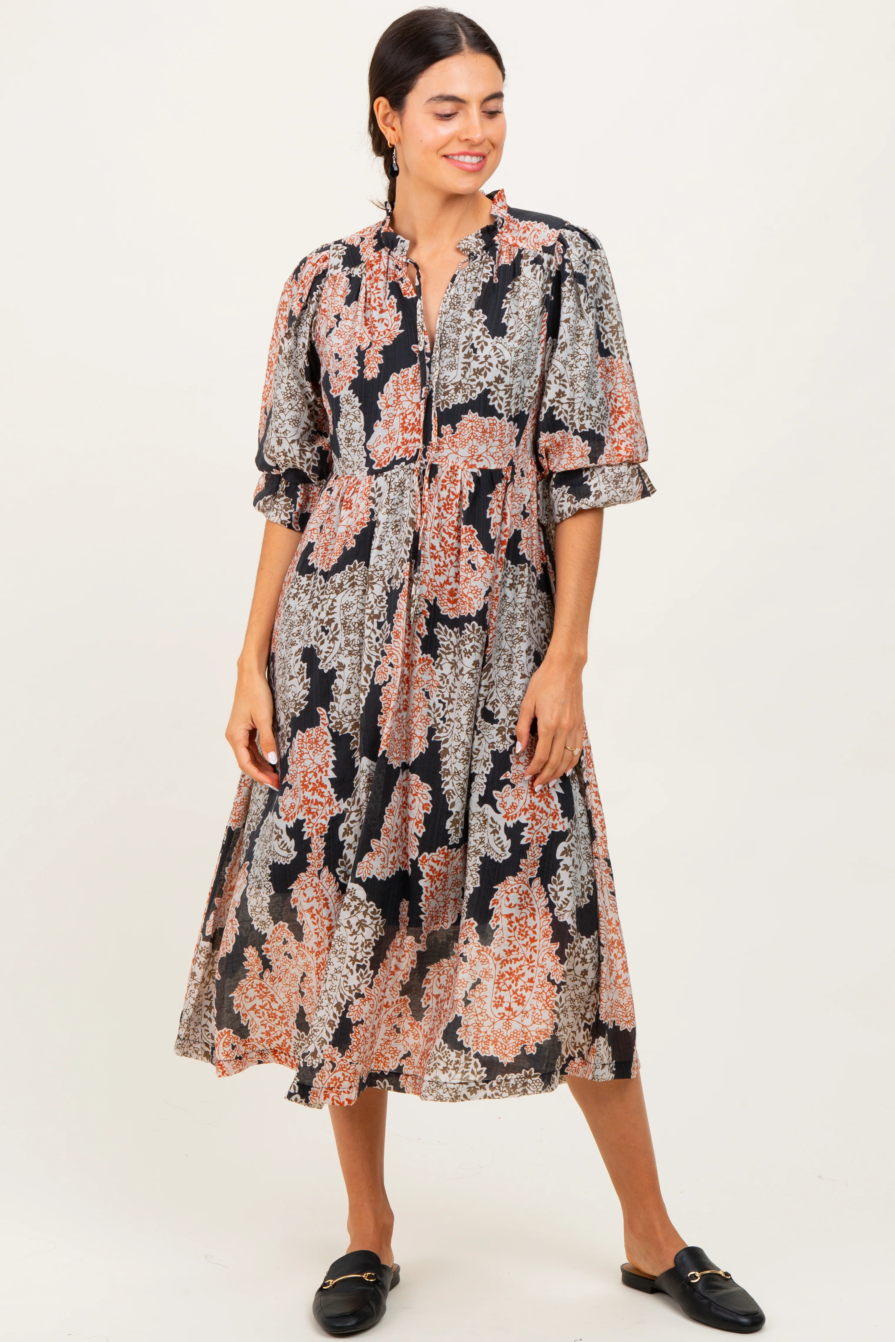 Black Floral Chiffon Front Tie Maternity Midi Dress - Image 5