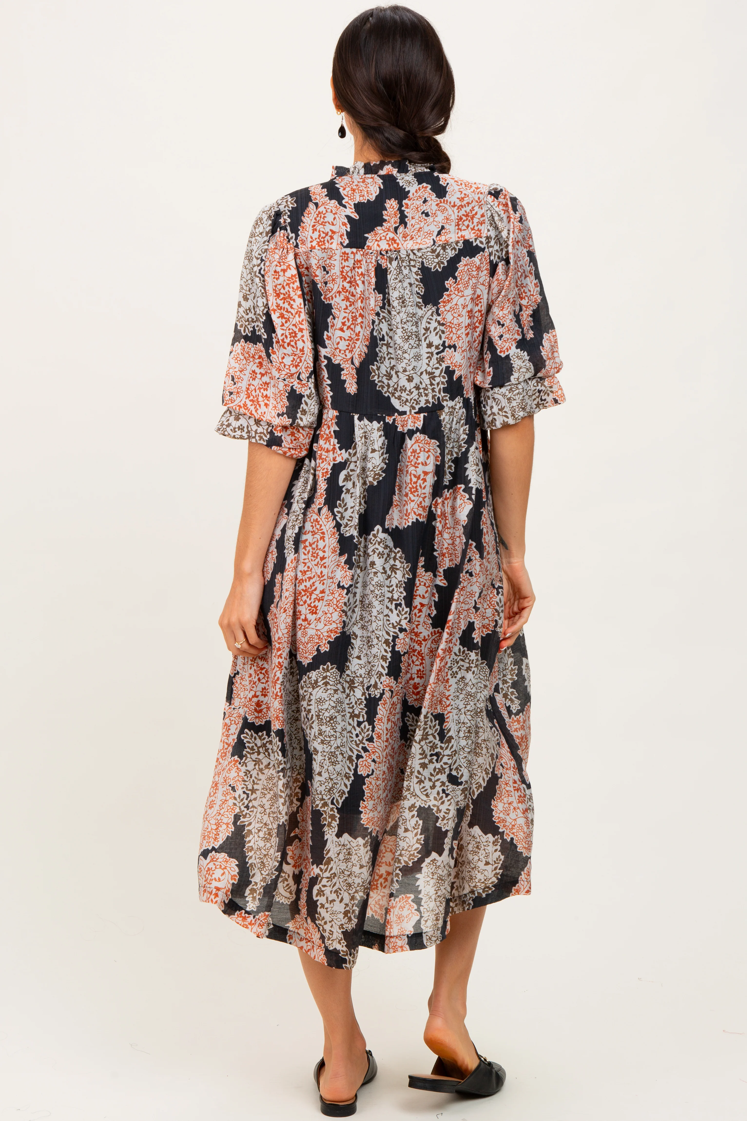 Black Floral Chiffon Front Tie Midi Dress - Image 3