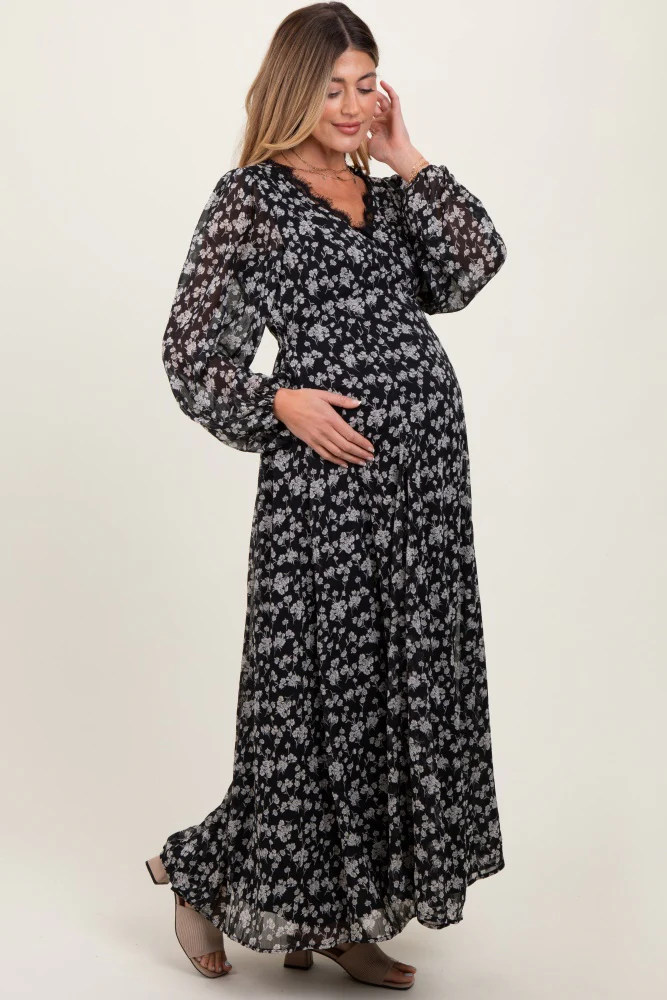 Black Floral Chiffon Lace Trim Back Tie Maternity Maxi Dress - Image 2