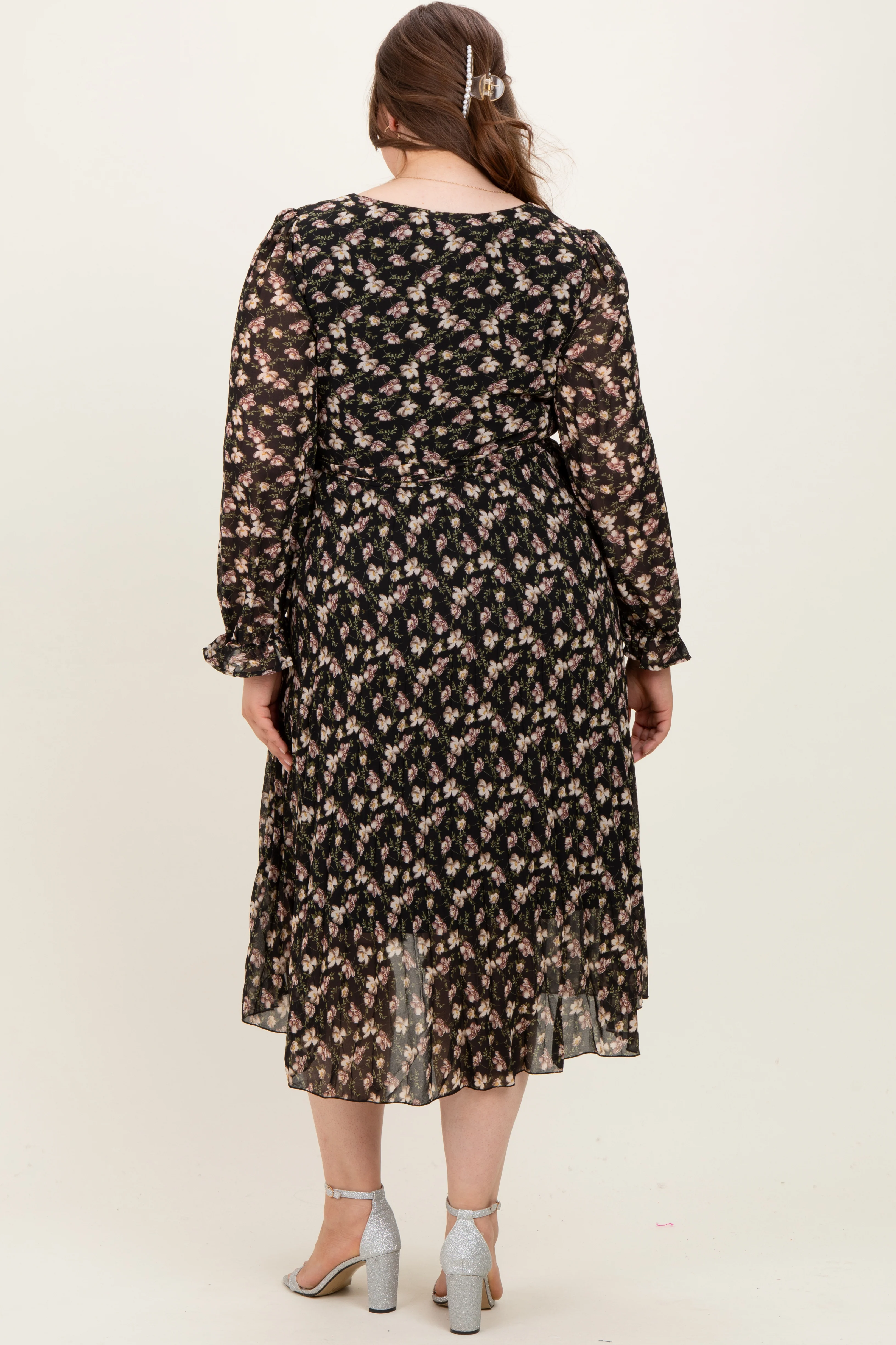 Black Floral Chiffon Long Sleeve Pleated Maternity Plus Midi Dress - Image 3