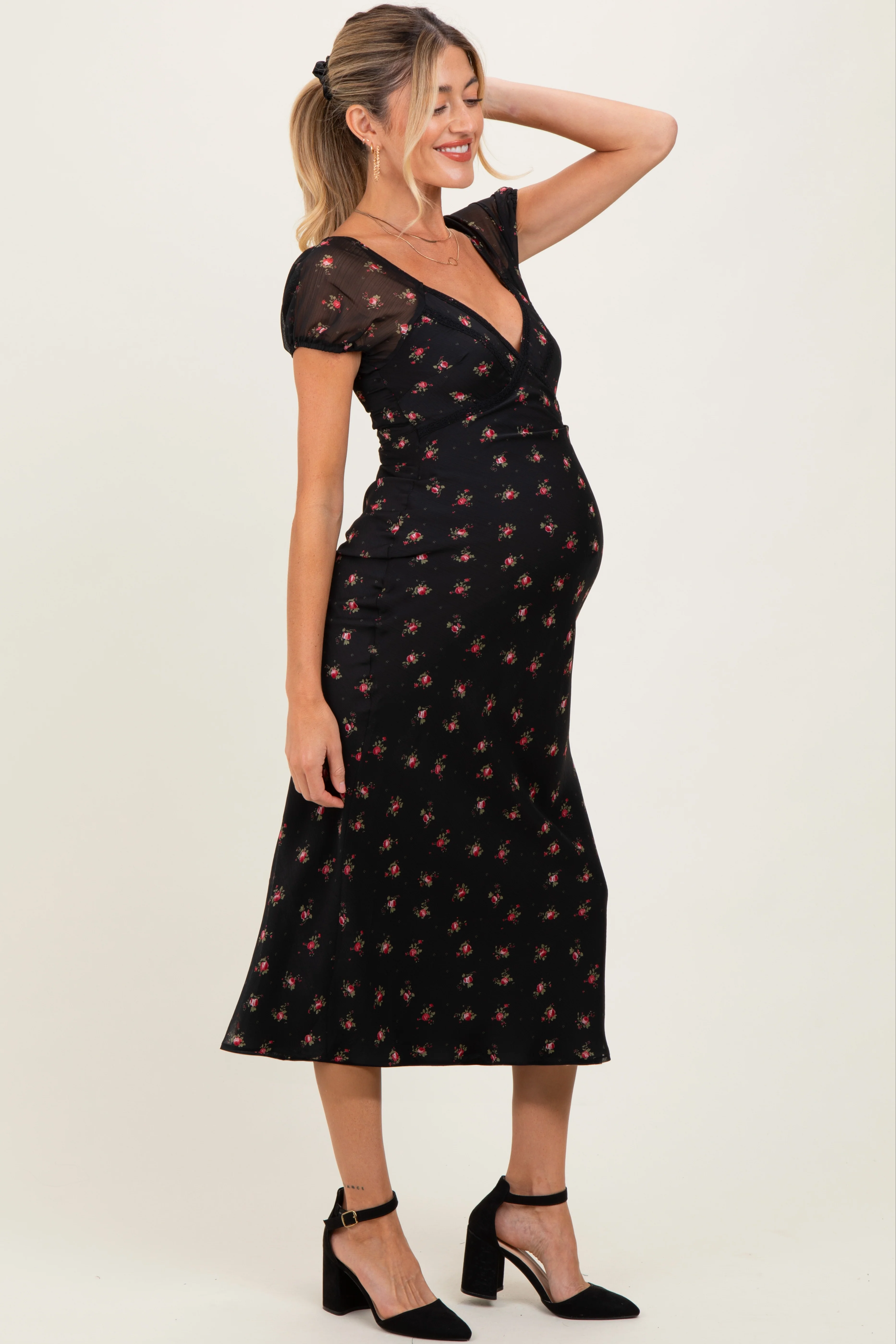 Black Floral Chiffon Maternity Midi Dress - Image 3