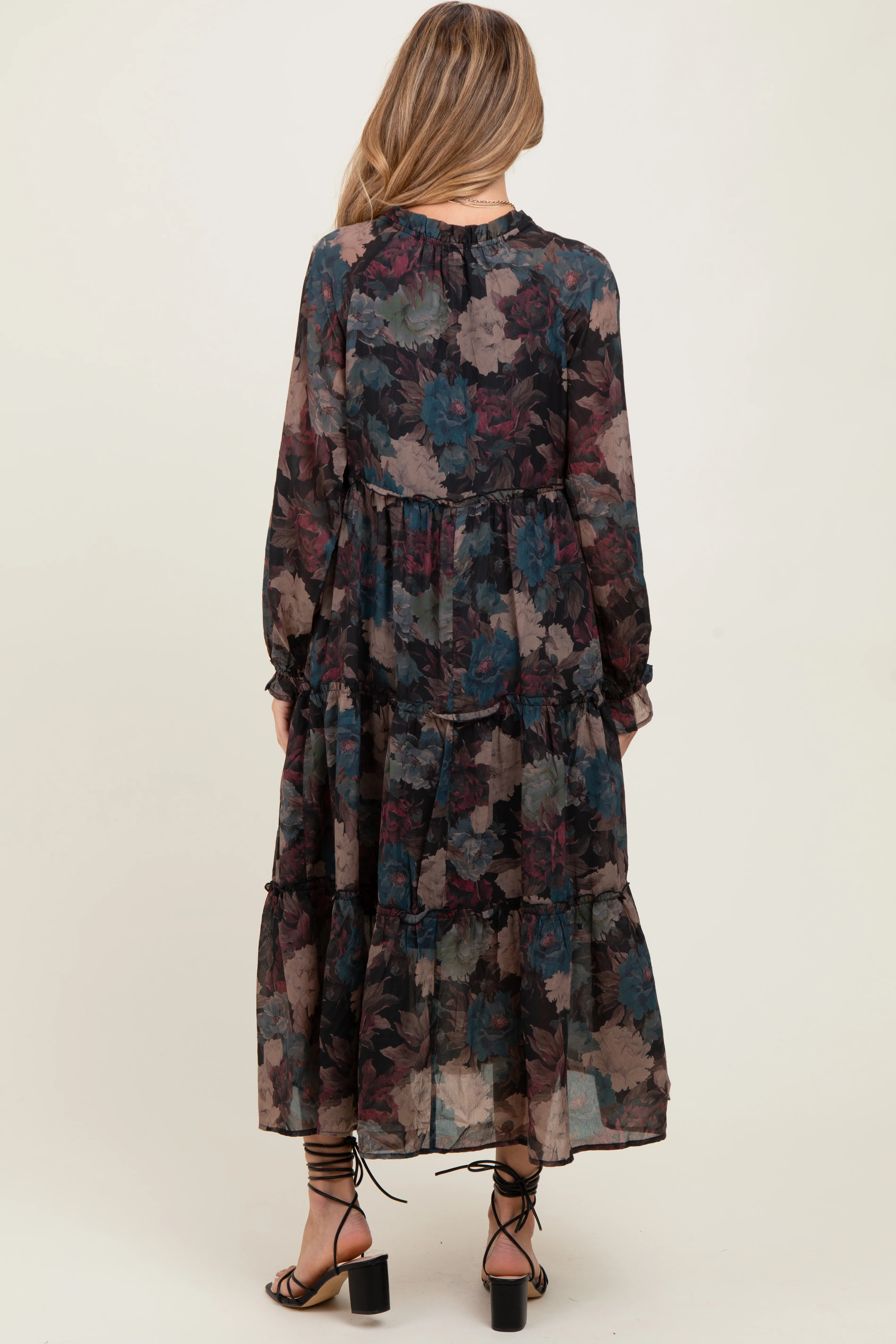 Black Floral Chiffon Ruffle Tiered Maternity Midi Dress - Image 5