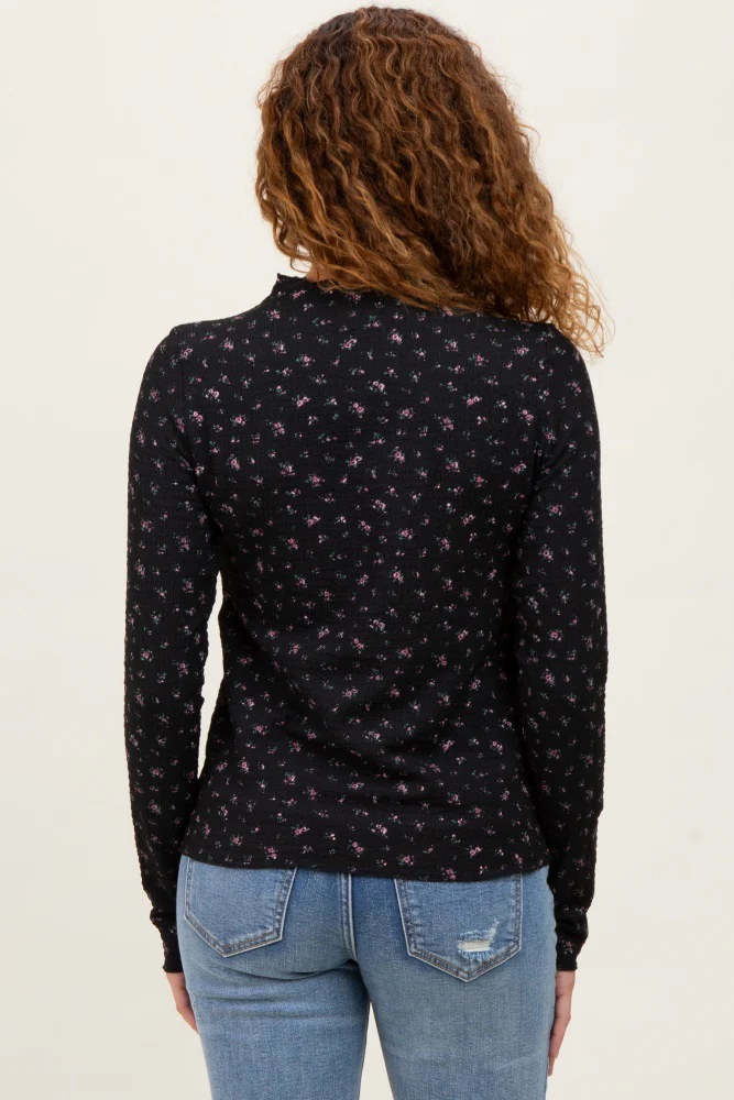 Black Floral Crinkled Texture High Neck Long Sleeve - Image 4