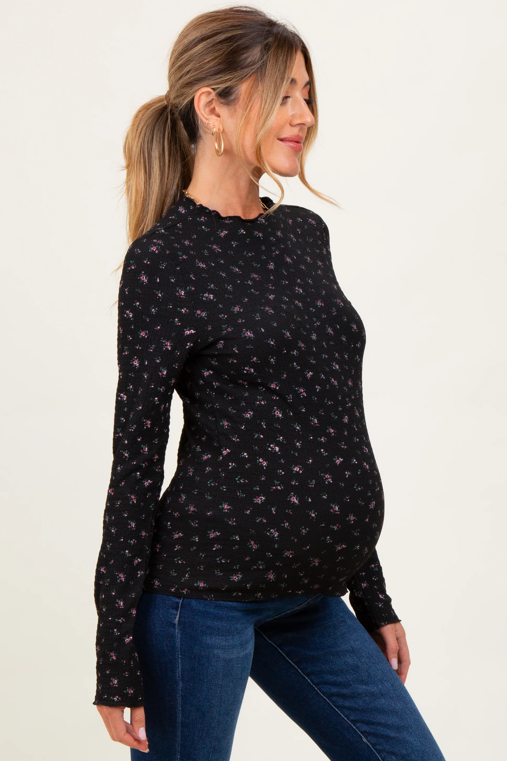 Black Floral Crinkled Texture High Neck Maternity Long Sleeve - Image 3
