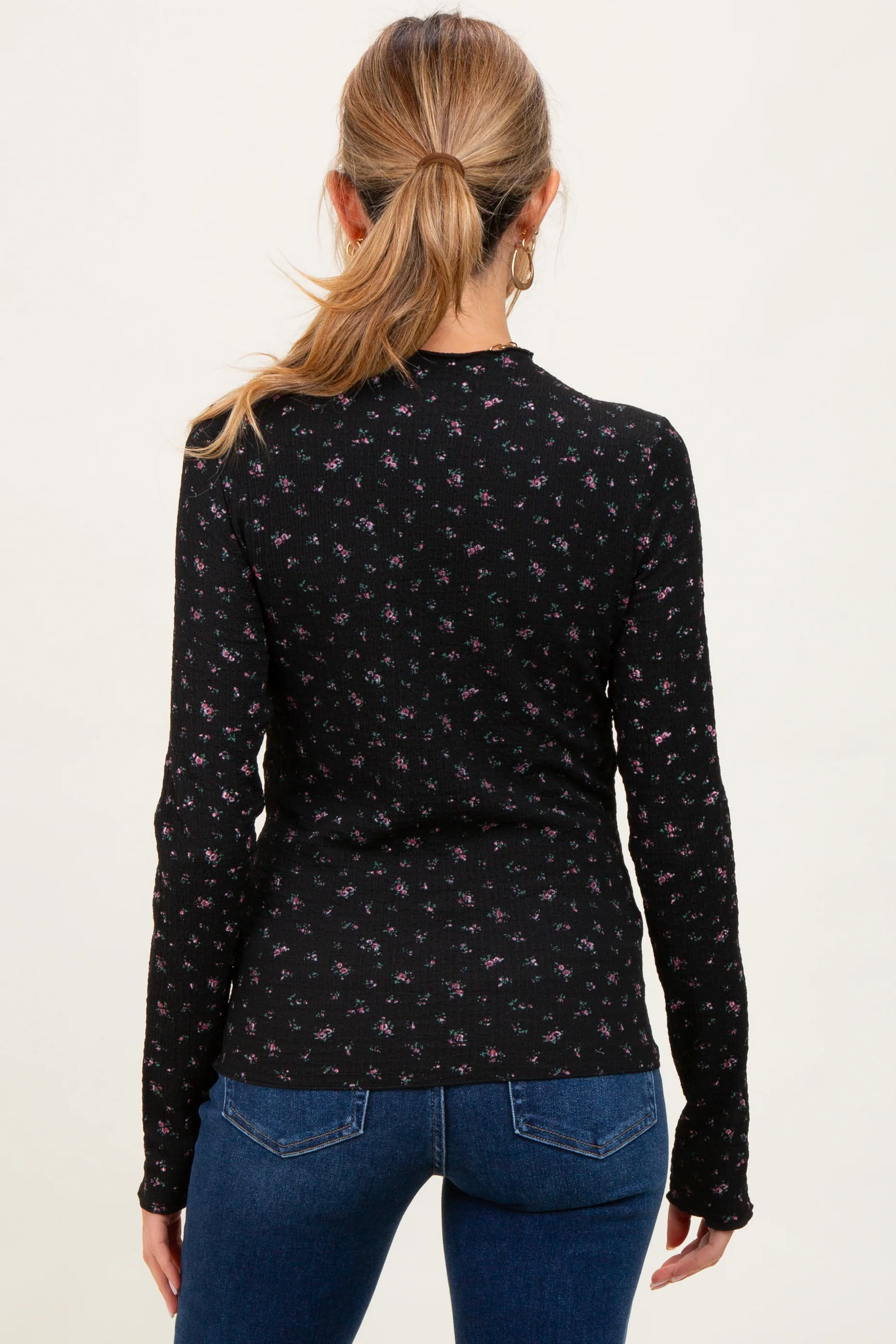 Black Floral Crinkled Texture High Neck Maternity Long Sleeve - Image 4