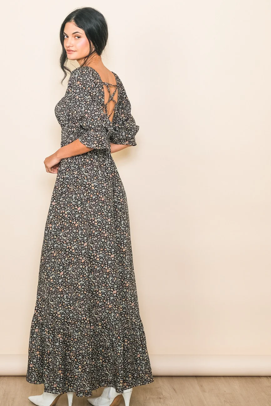 Black Floral Criss Cross Maxi Dress - Image 3