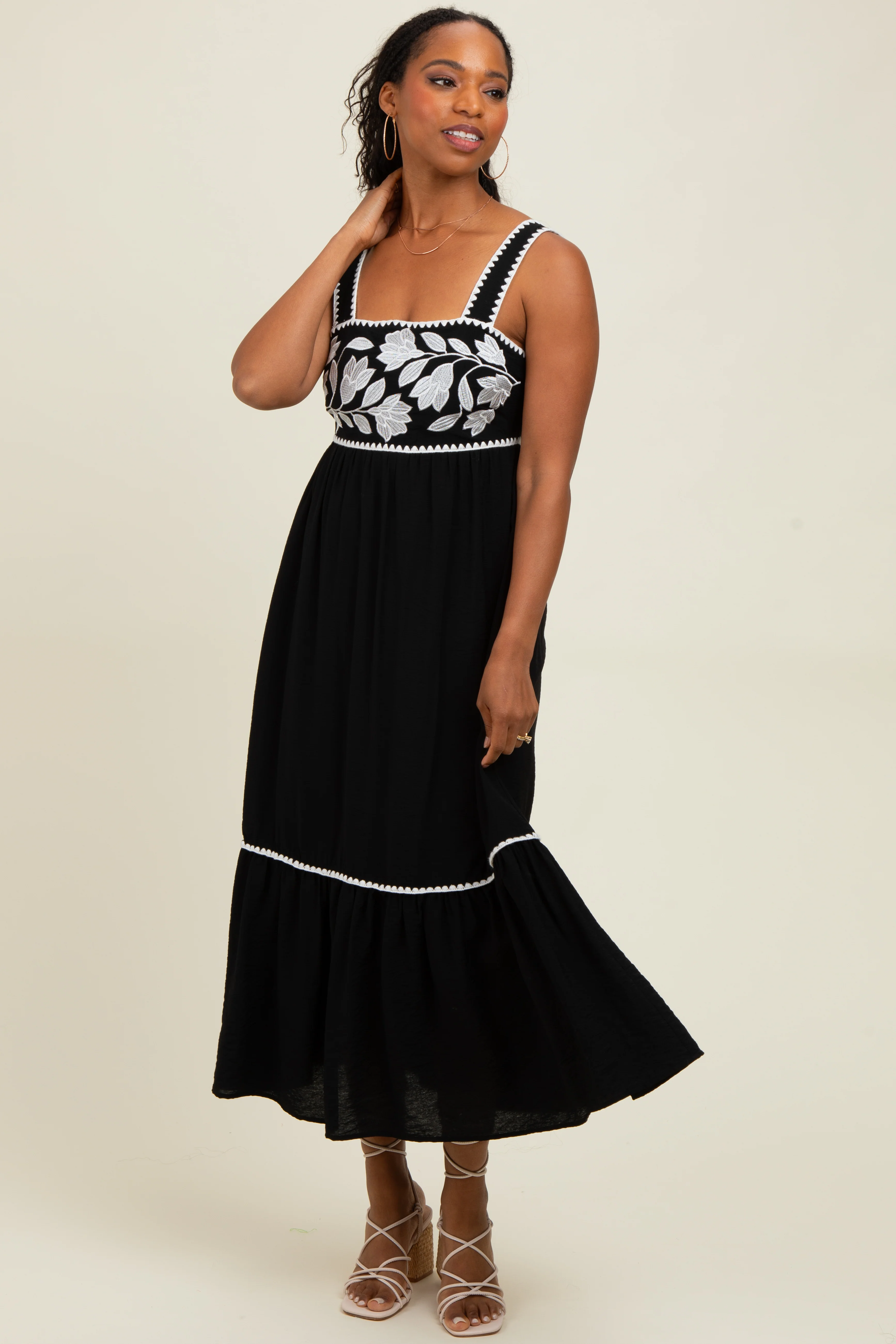 Black Floral Embroidered Cutout Tie Back Midi Dress - Image 2