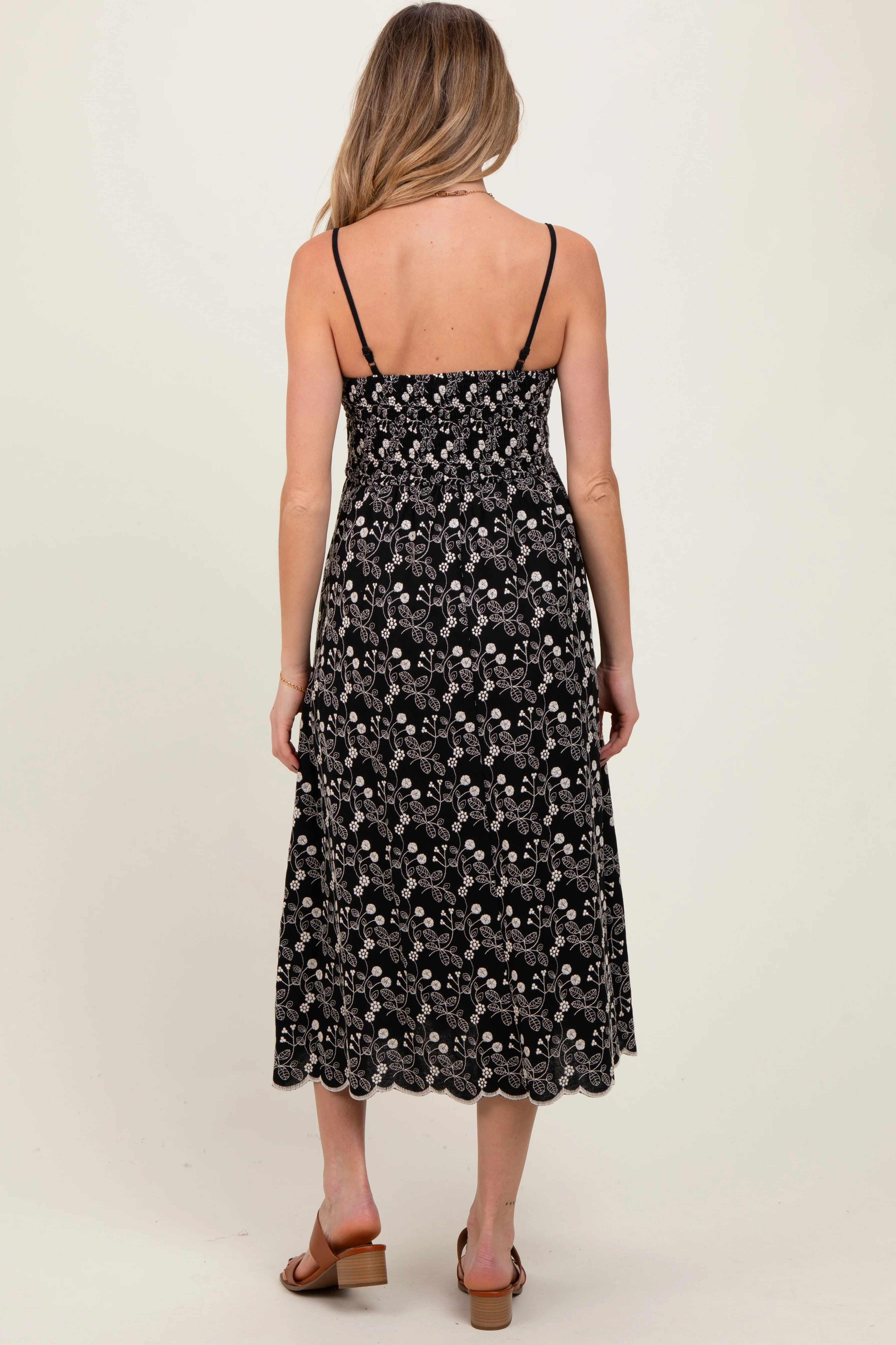 Black Floral Embroidered Scallop Detail Maternity Midi Dress - Image 4
