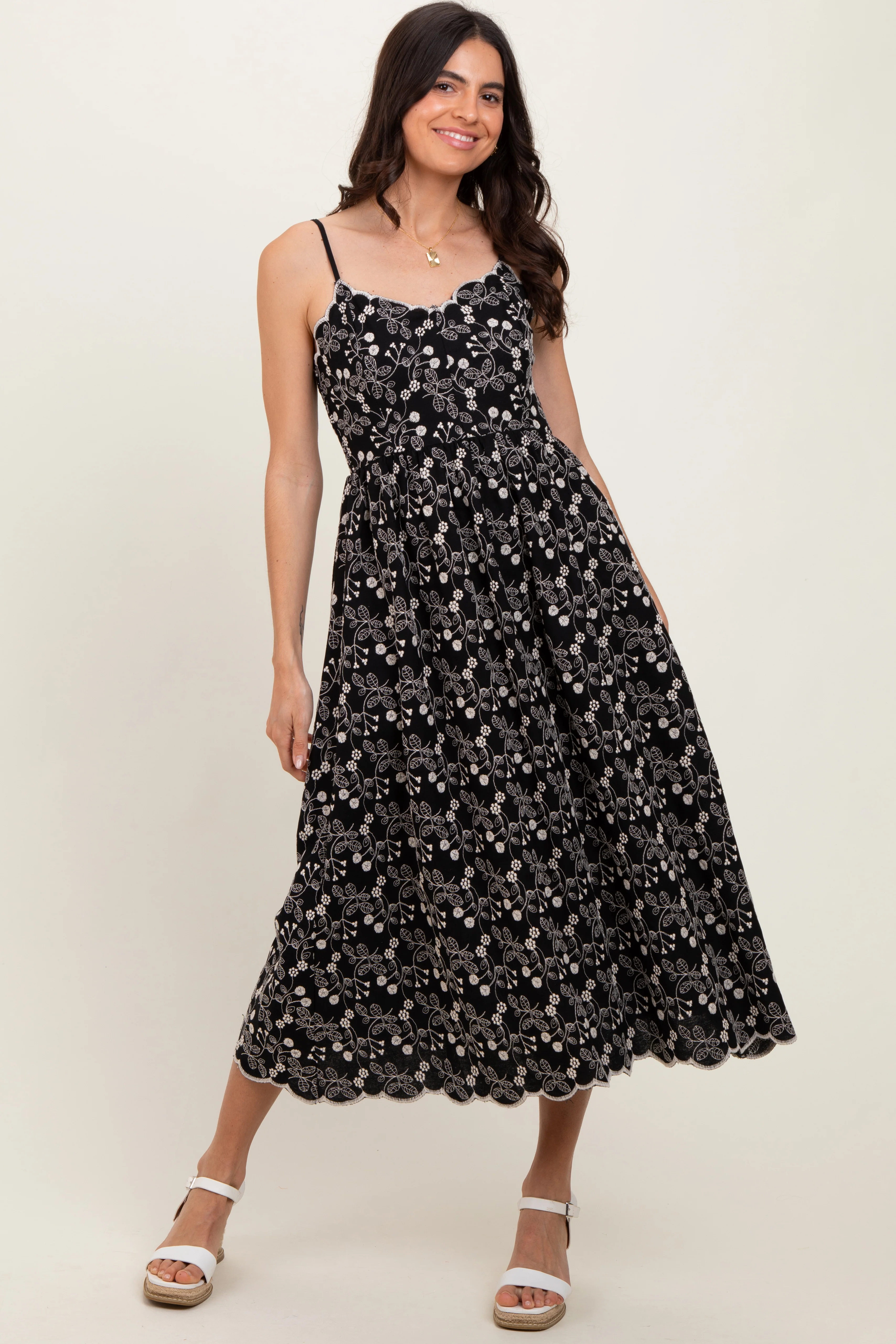 Black Floral Embroidered Scallop Detail Maternity Midi Dress - Image 5