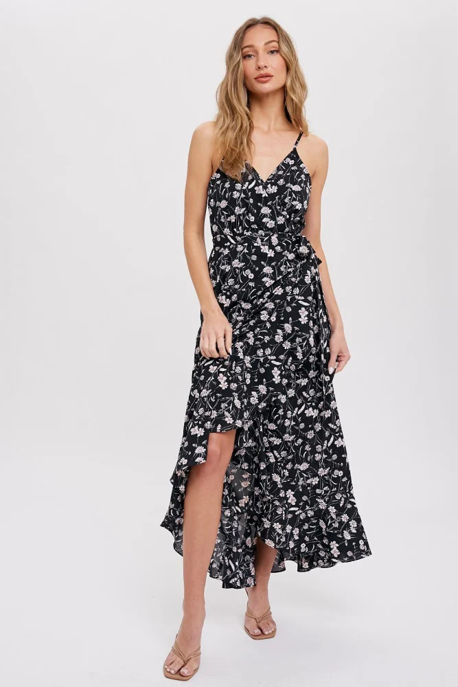 Black Floral Flounce Hi-Lo Maternity Wrap Maxi Dress - Image 5