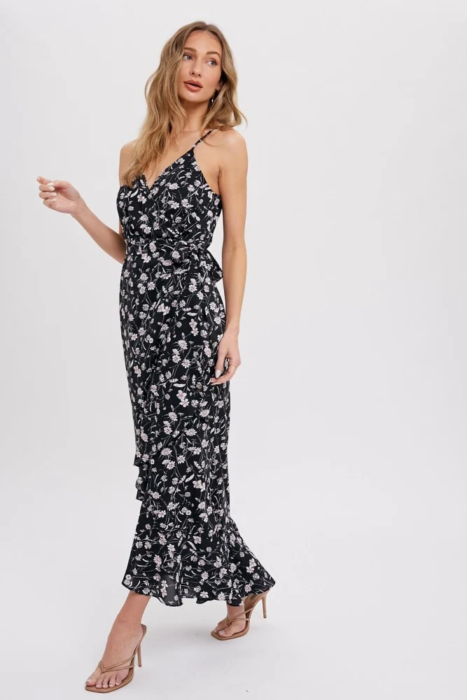 Black Floral Flounce Hi-Lo Wrap Maxi Dress - Image 2