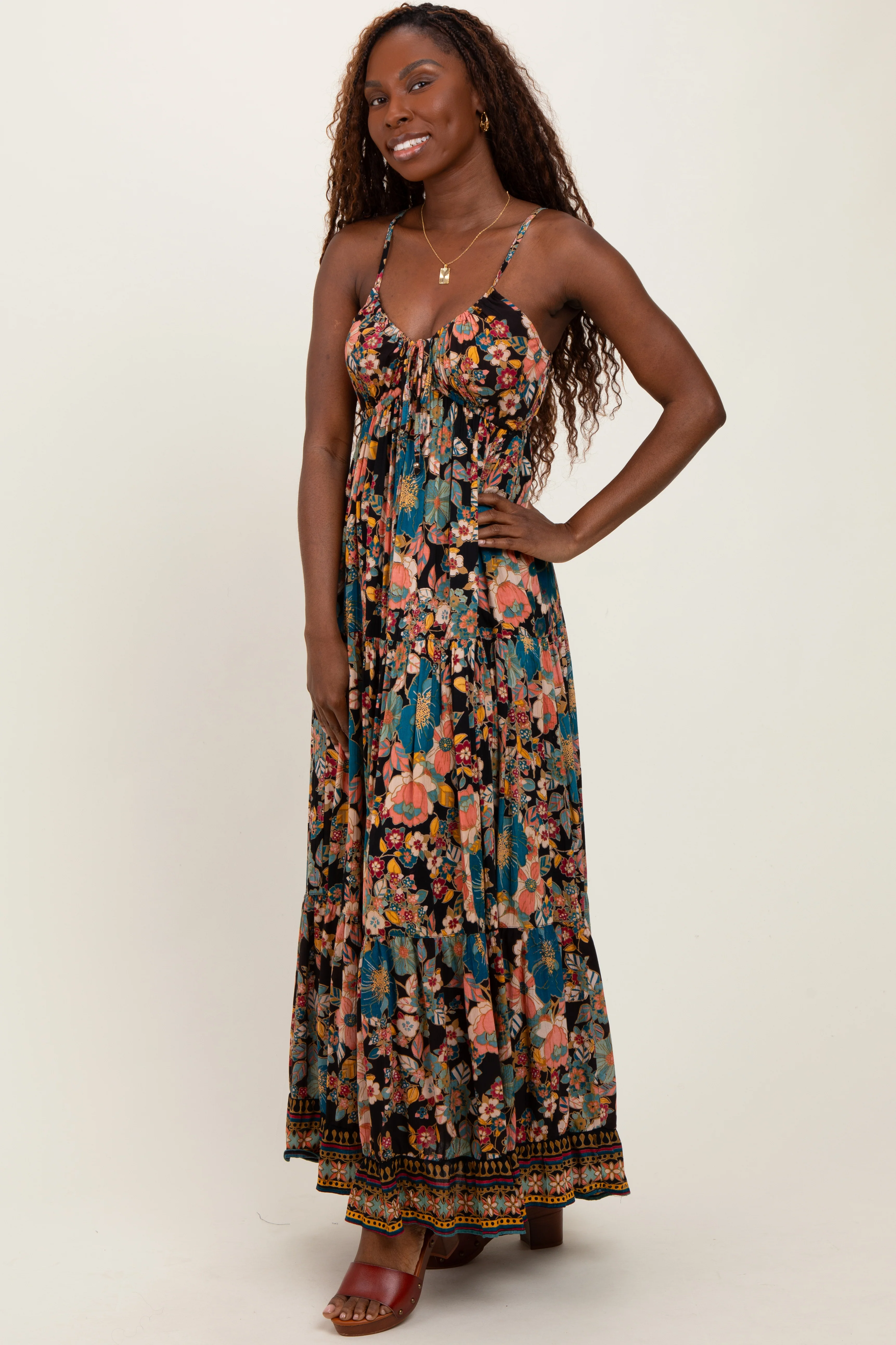 Black Floral Front Tie Tiered Maxi Dress - Image 2