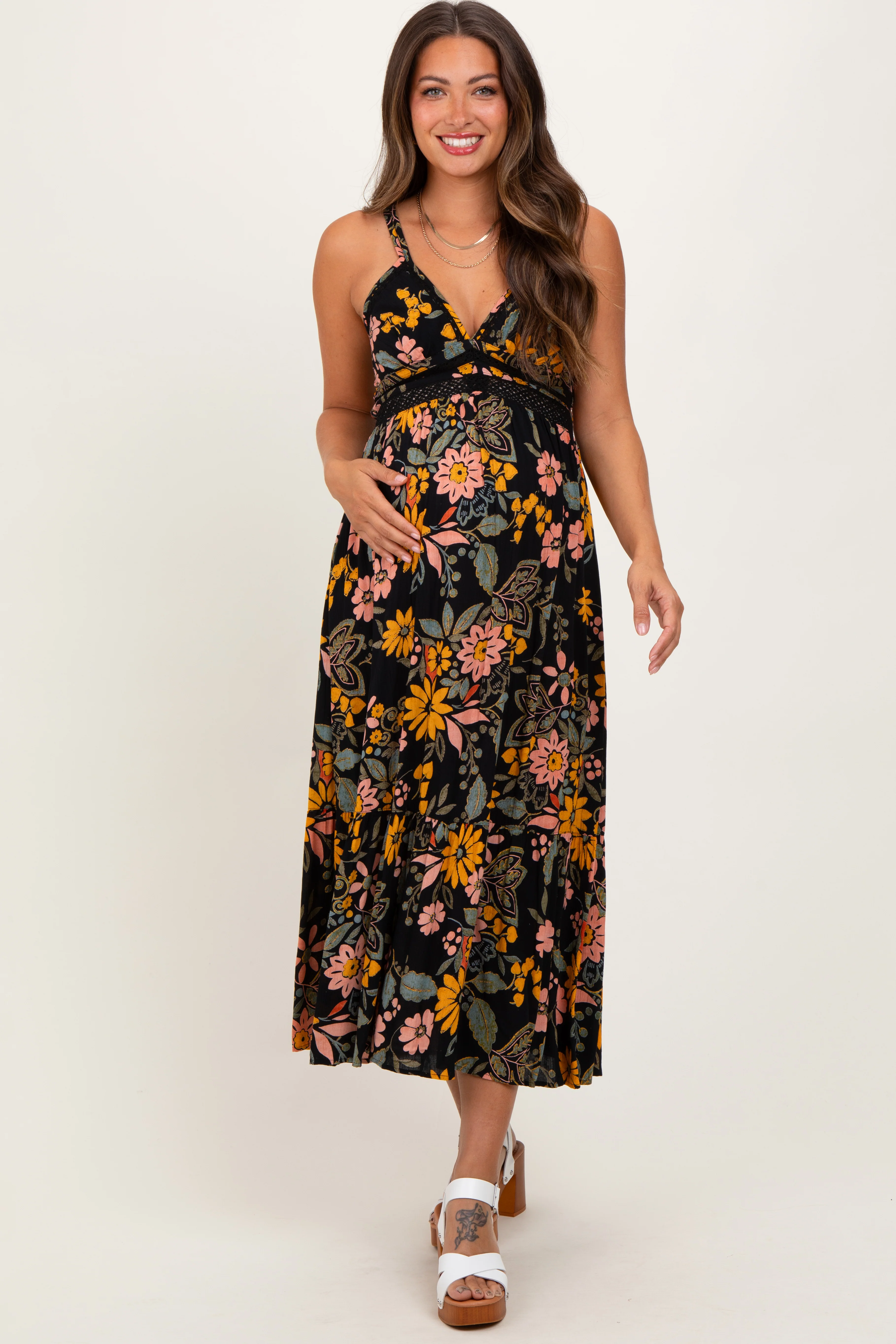 Black Floral Lace Inset Maternity Midi Dress - Image 2