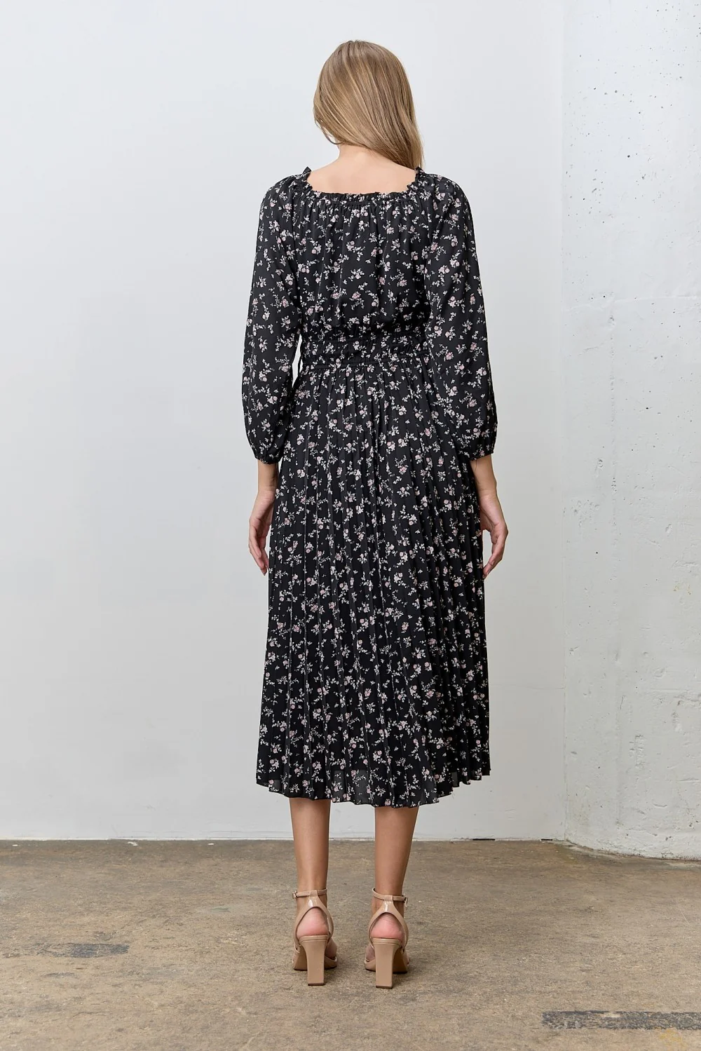 Black Floral Long Sleeve Midi Dress - Image 3