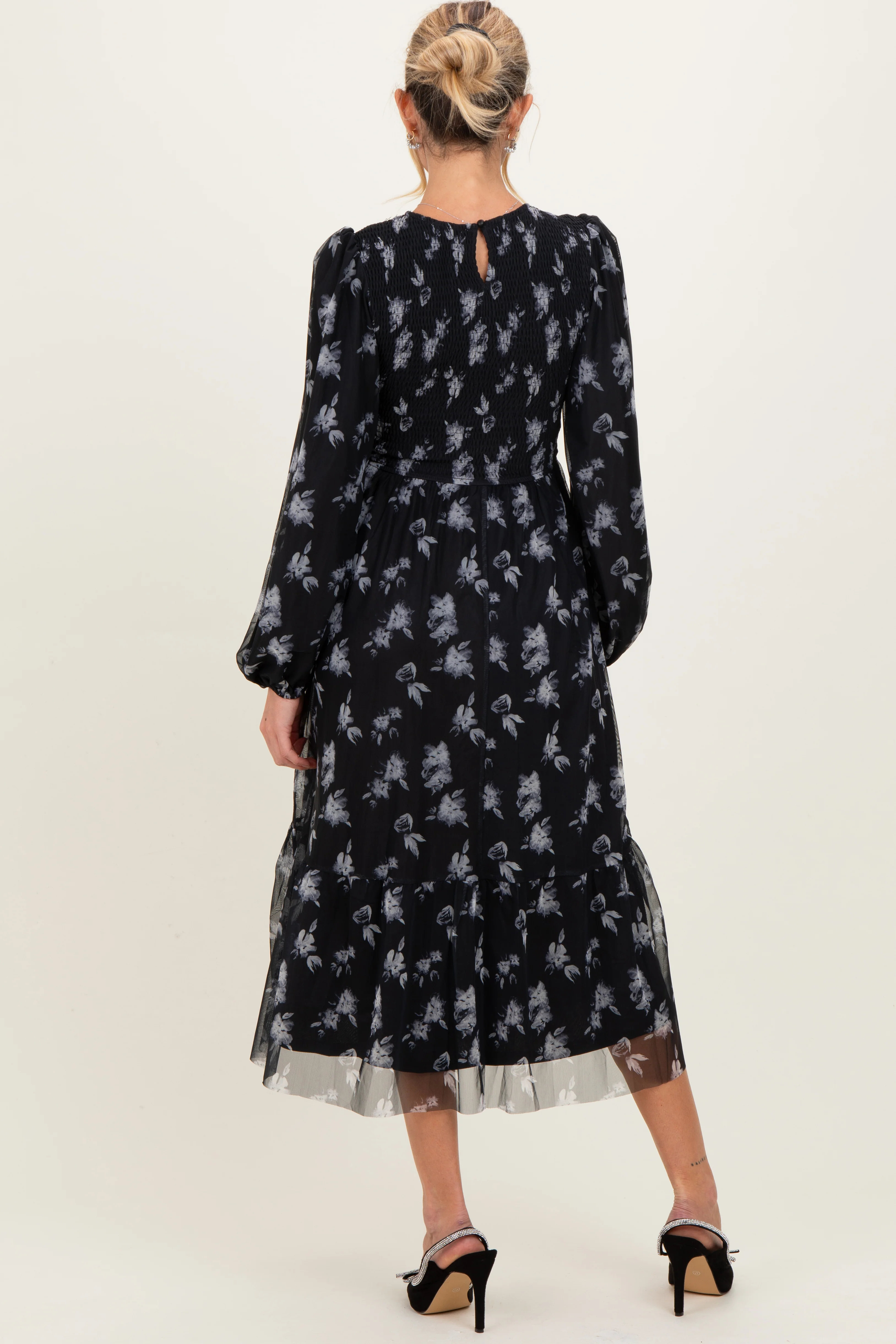Black Floral Mesh Smocked Maternity Midi Dress - Image 4
