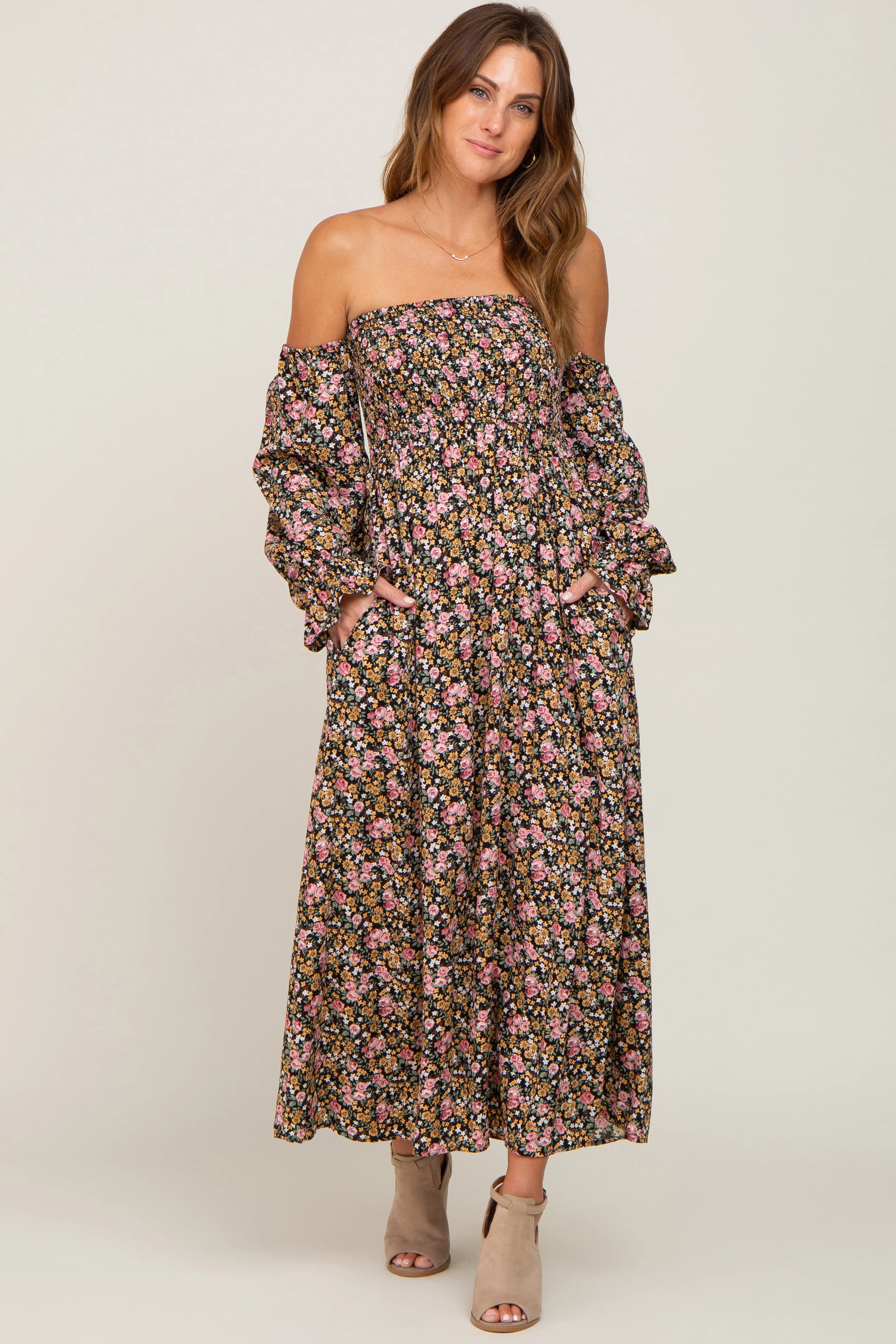 Black Floral Off Shoulder Long Sleeve Maternity Maxi Dress - Image 8