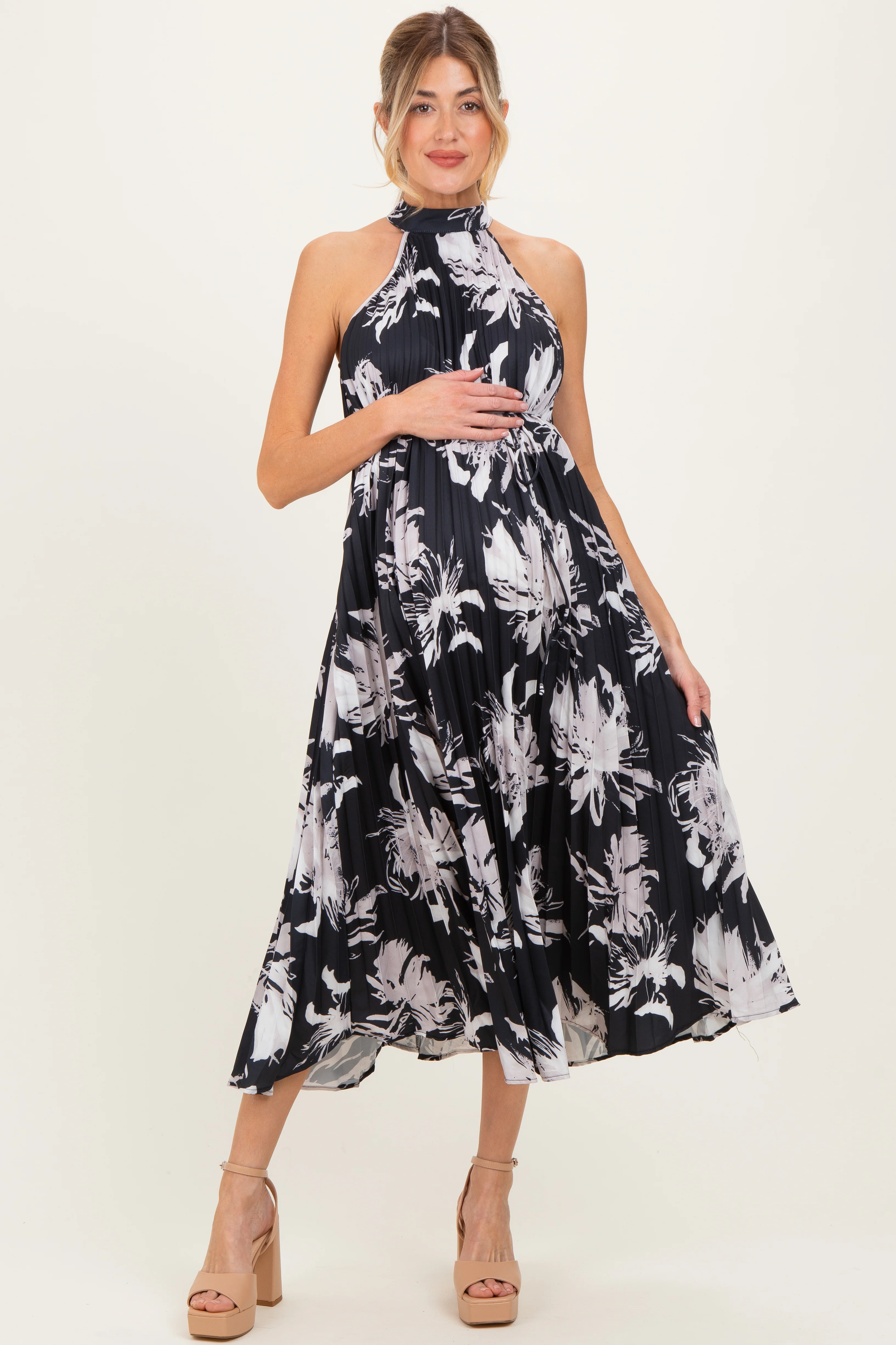 Black Floral Pleated Halter Neck Maternity Midi Dress - Image 2