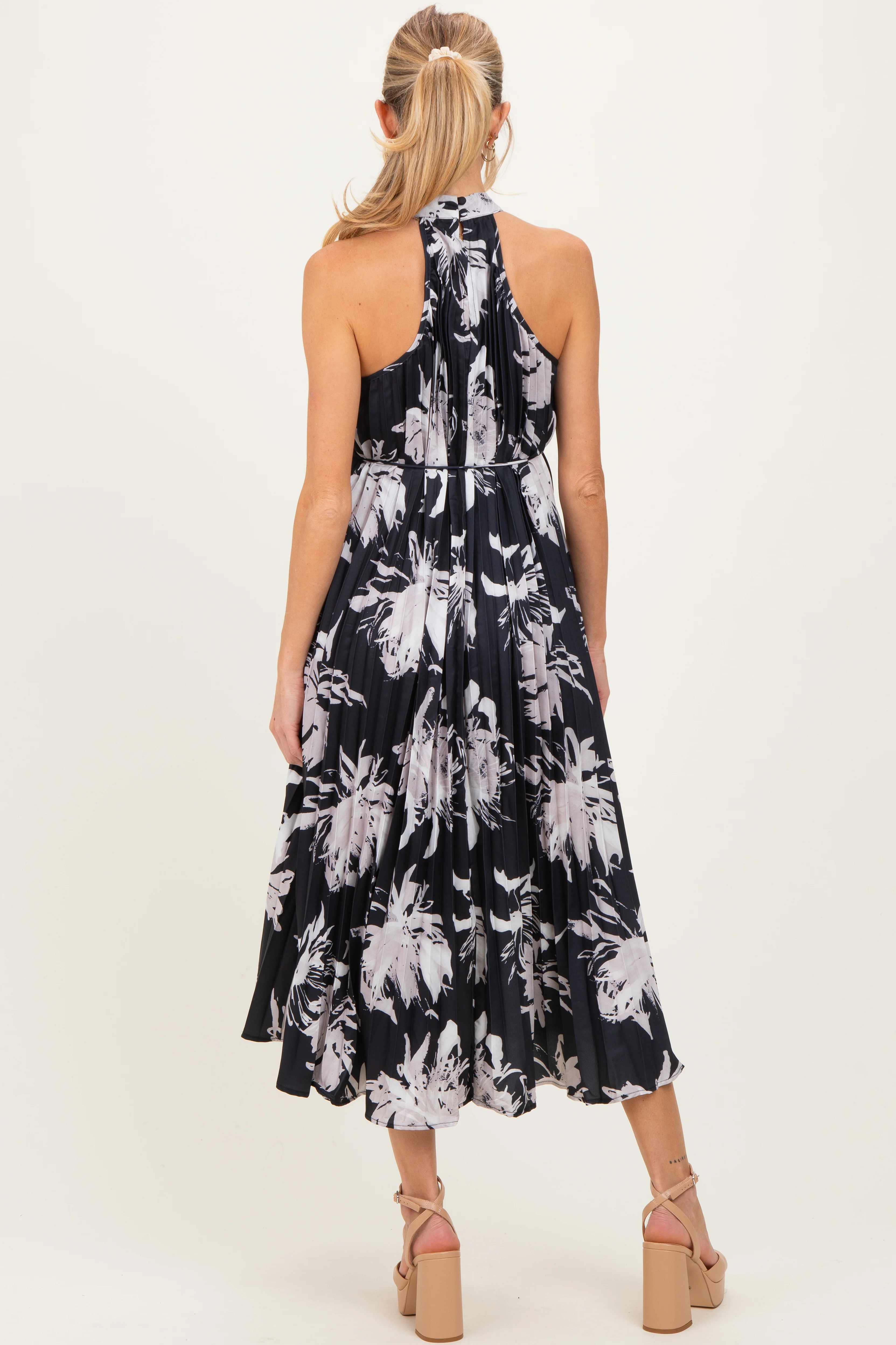 Black Floral Pleated Halter Neck Maternity Midi Dress - Image 4