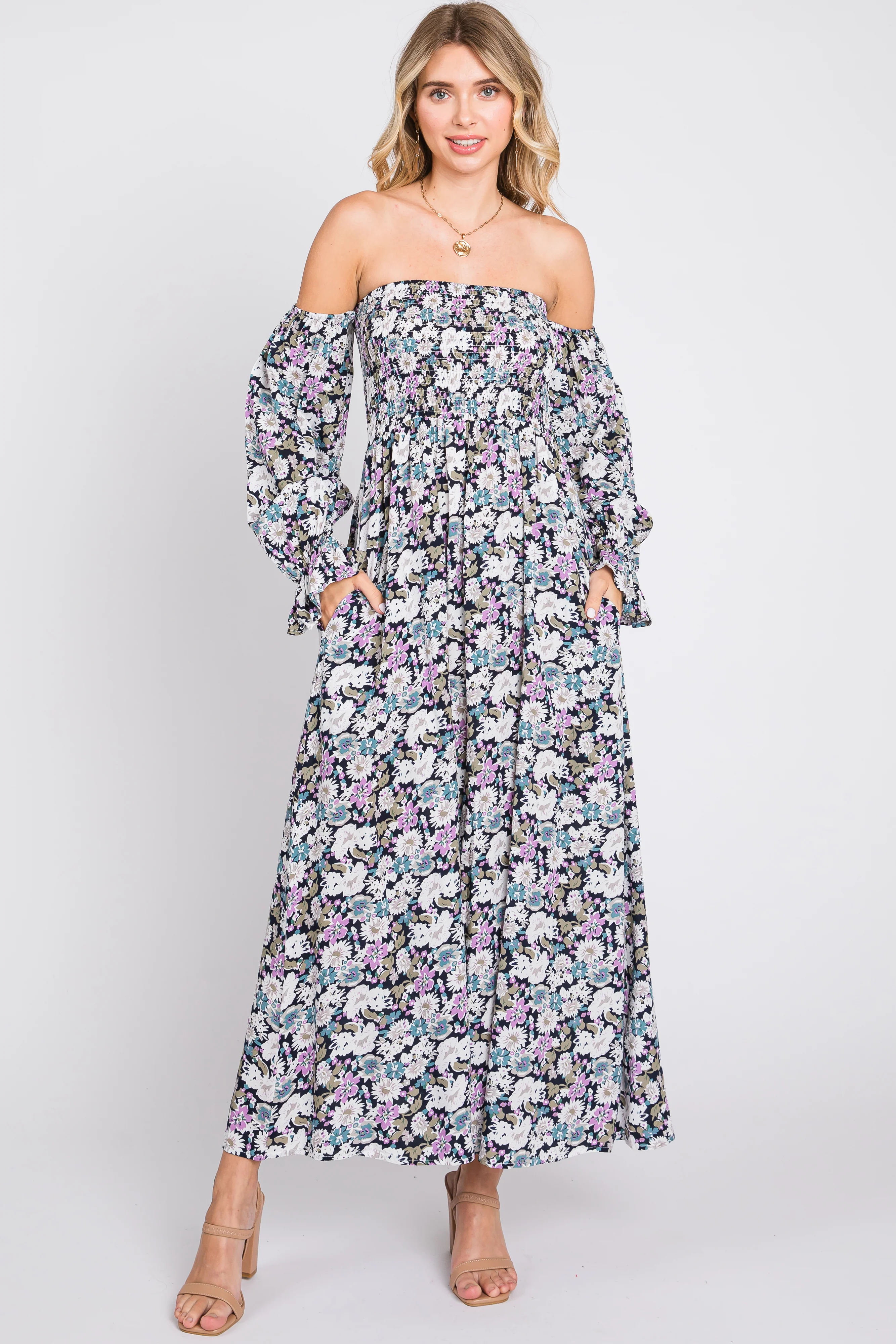 Black Floral Print Off Shoulder Smocked Maternity Maxi Dress - Image 5