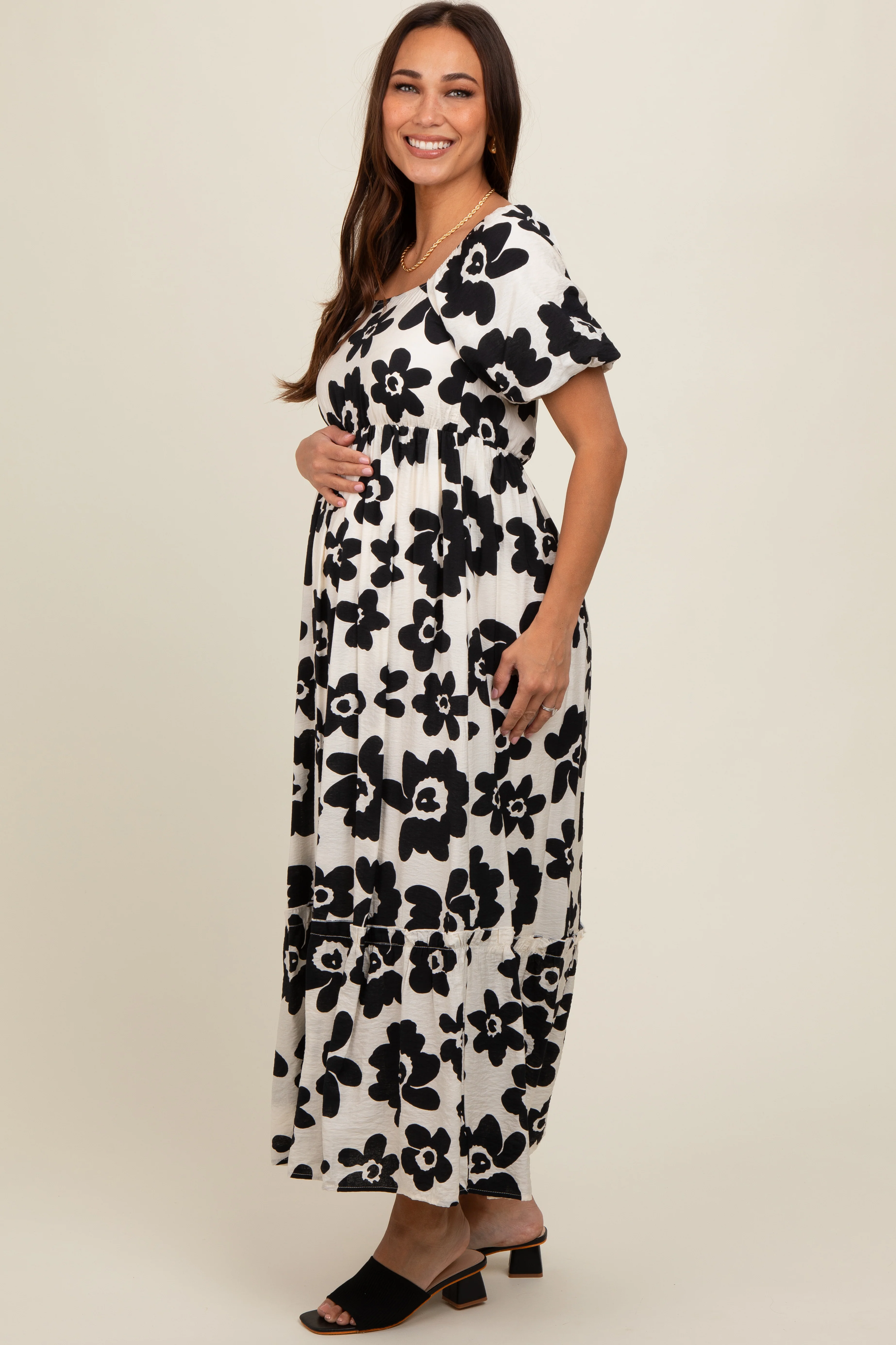 Black Floral Puff Sleeve Maternity Maxi Dress - Image 2