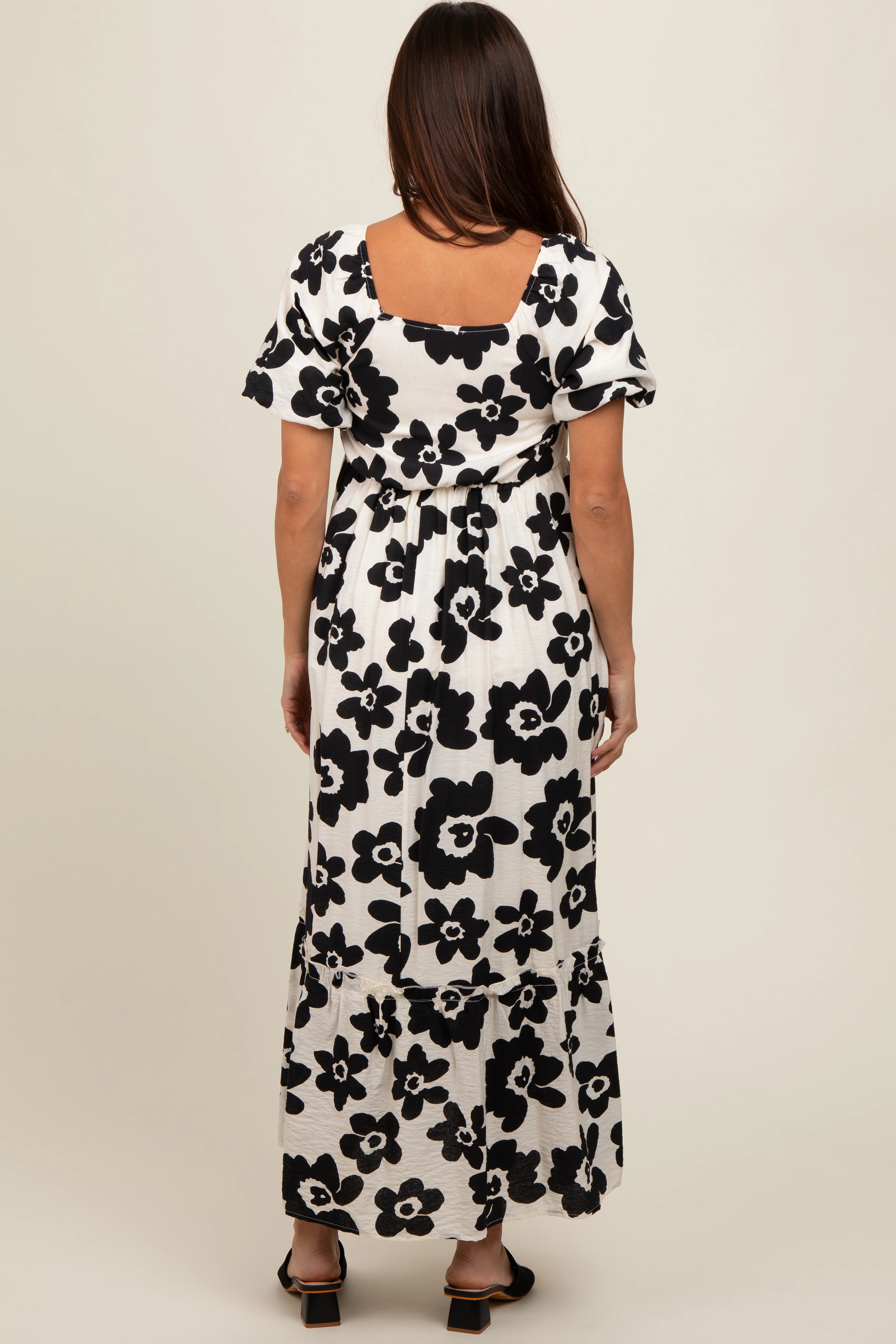 Black Floral Puff Sleeve Maternity Maxi Dress - Image 3