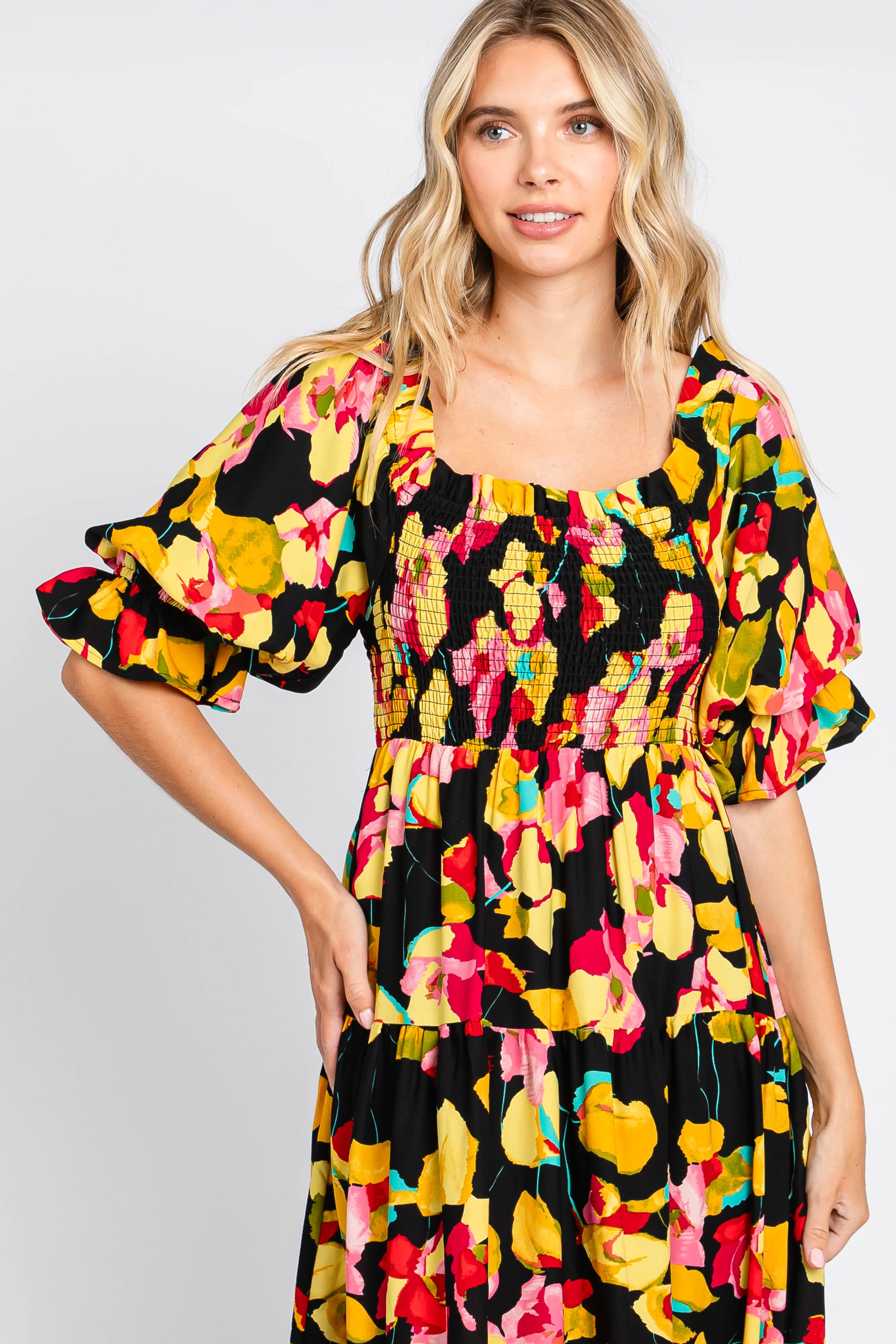 Black Floral Puff Sleeve Midi Dress - Image 4