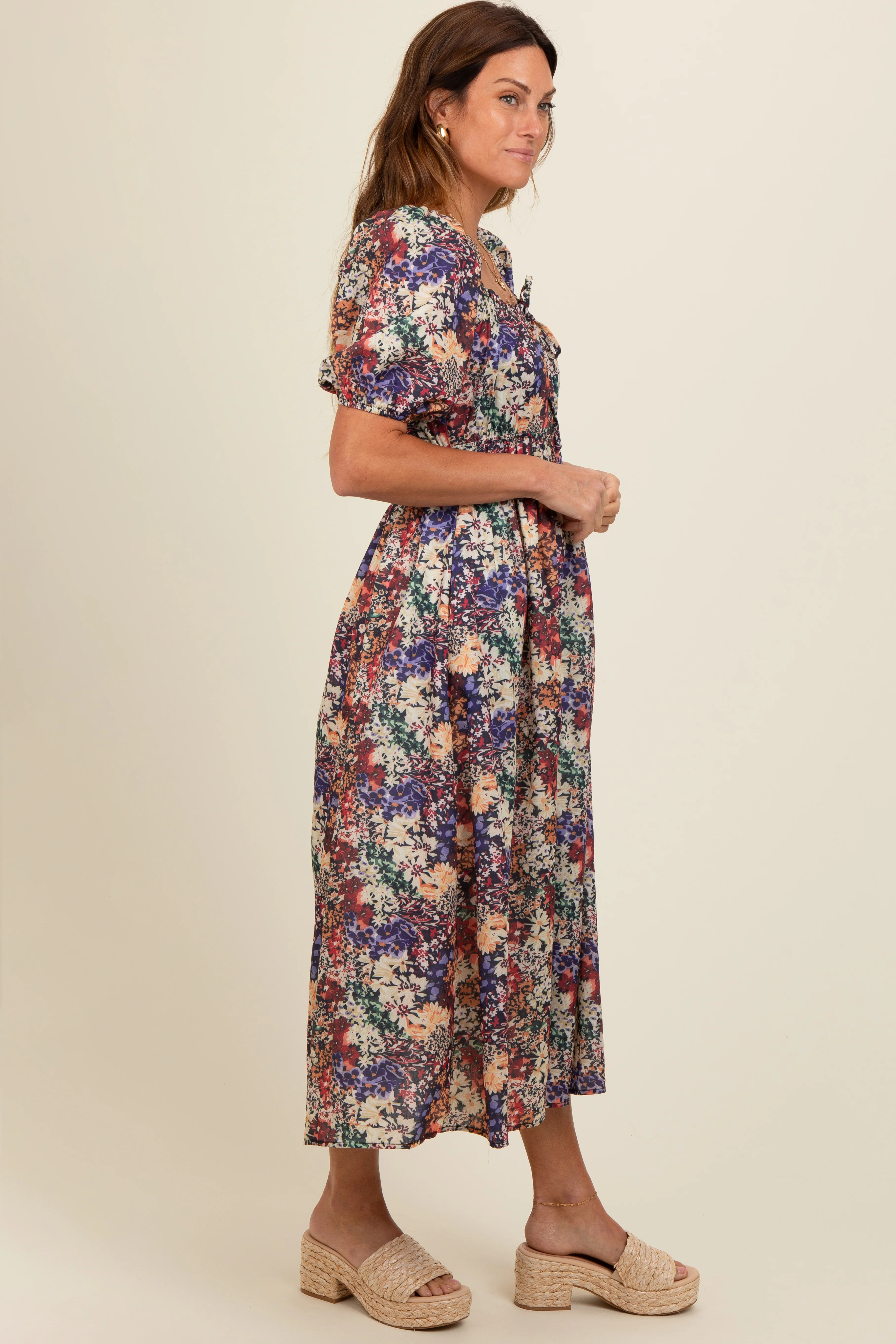 Black Floral Puff Sleeve Midi Dress - Image 3
