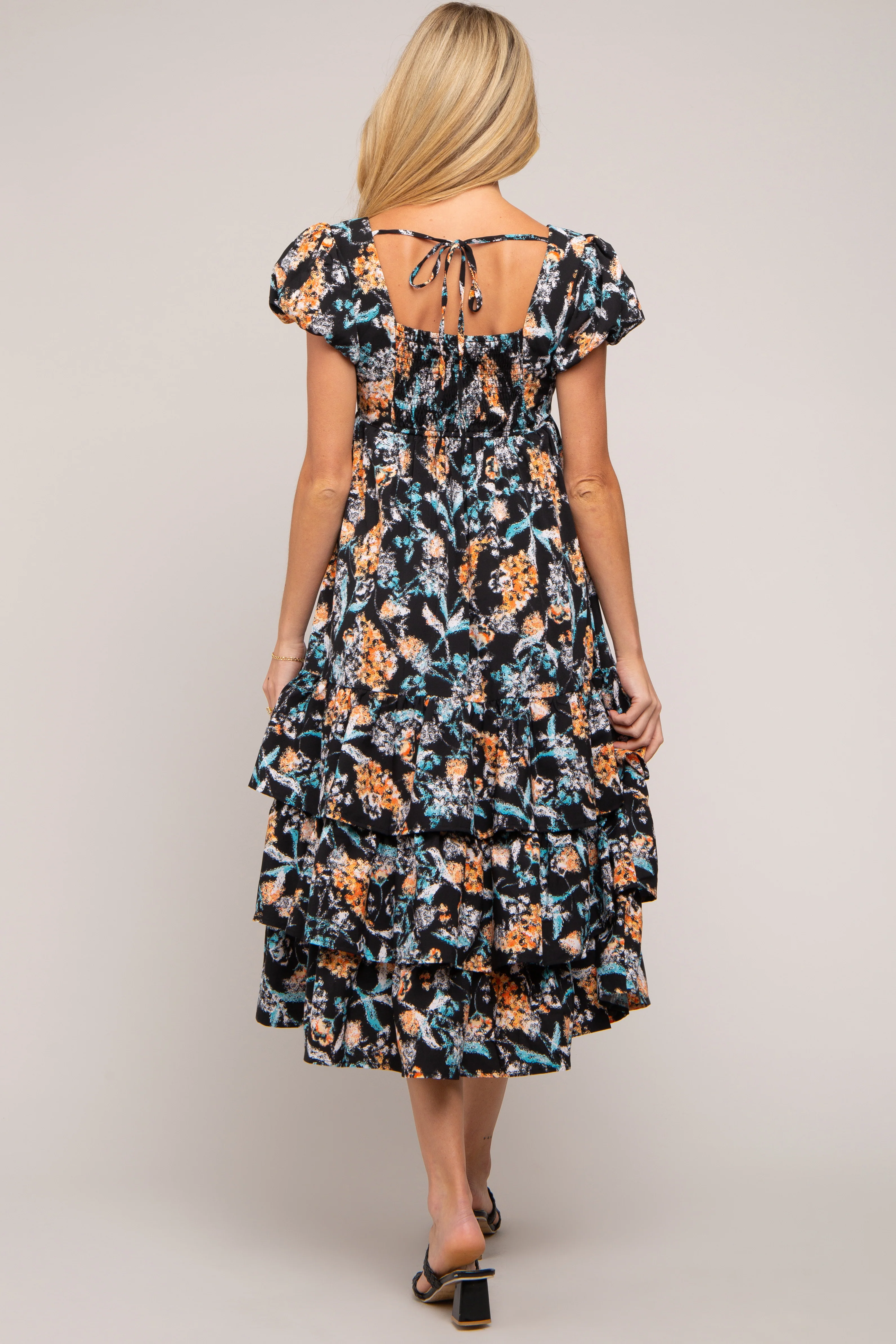 Black Floral Puff Sleeve Tiered Maternity Midi Dress - Image 3